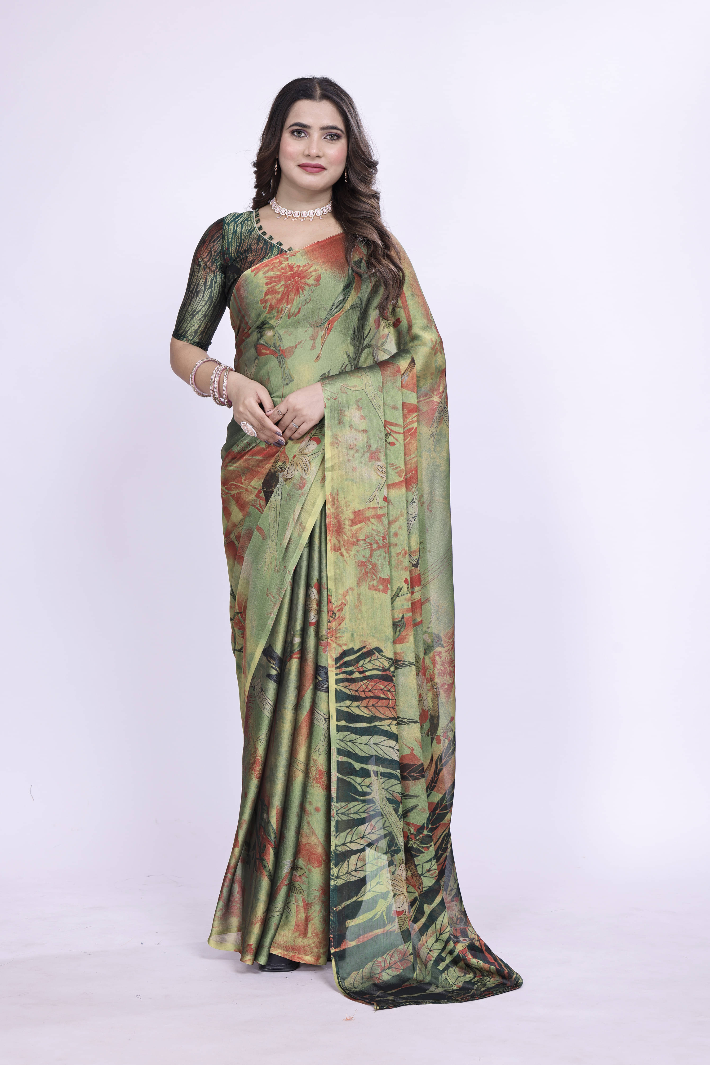     			SAREEYA16 Chiffon Printed Regular Saree With Unstitched Blouse Piece ( Green )