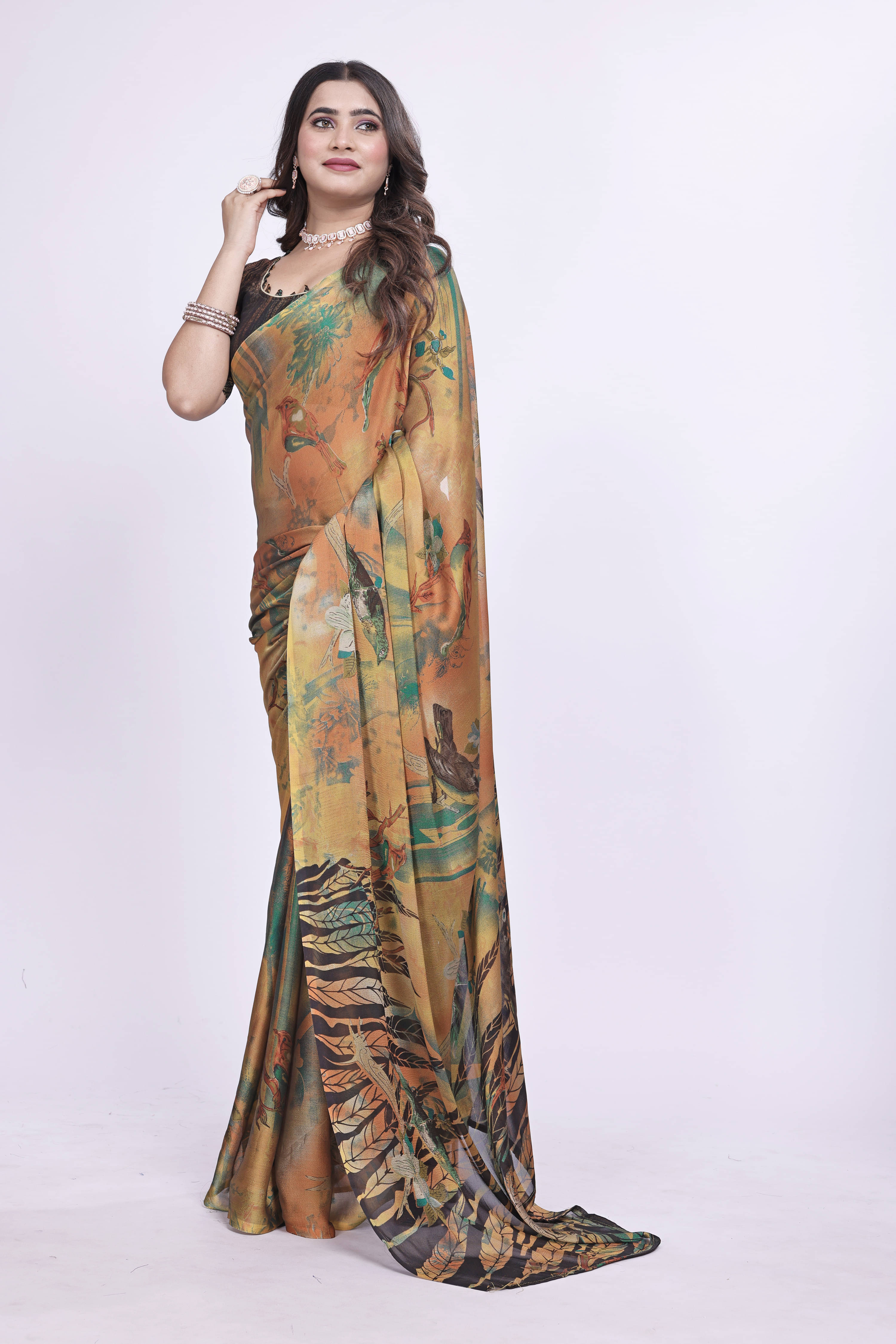     			SAREEYA16 Chiffon Printed Regular Saree With Unstitched Blouse Piece ( Brown )