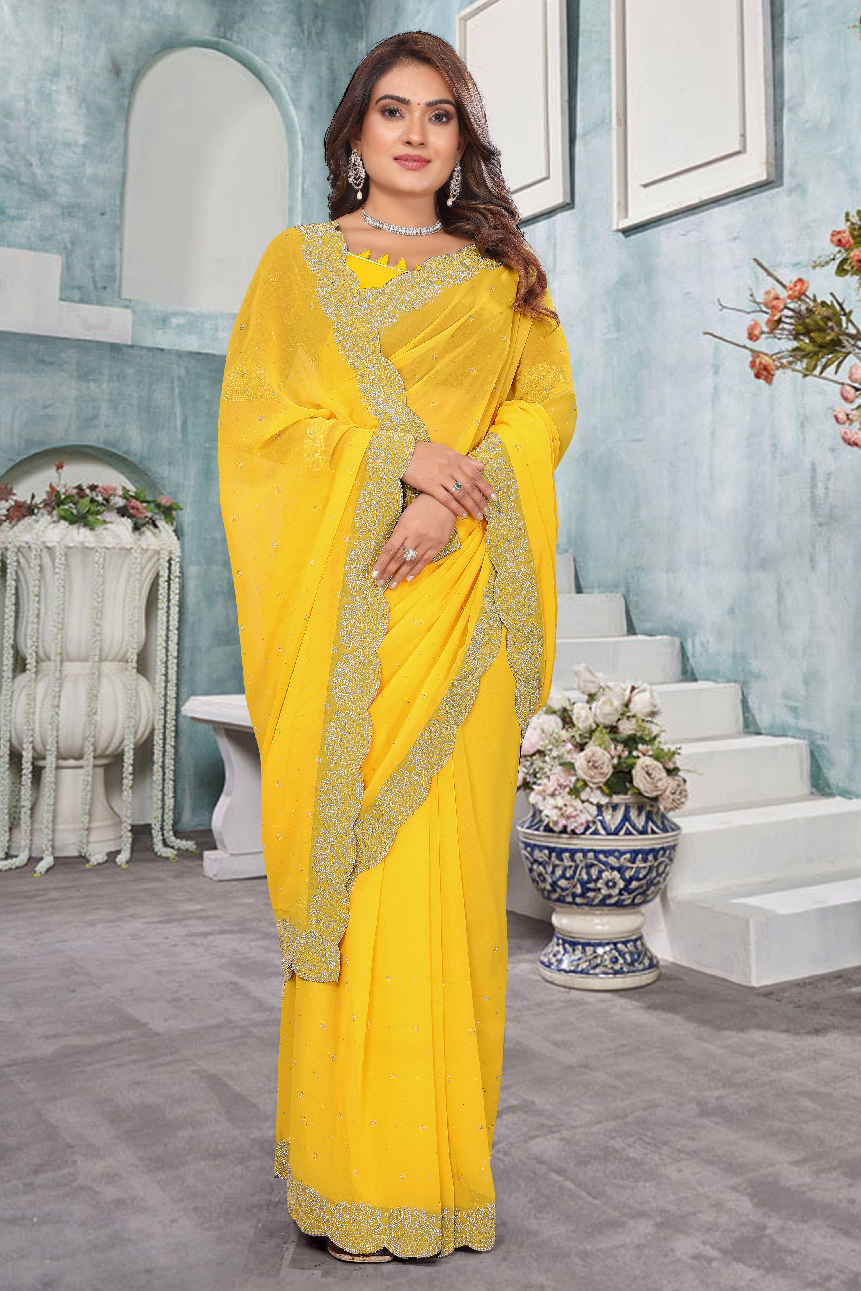     			SAREEYA16 Georgette Embellished Regular Saree With Unstitched Blouse Piece ( Yellow )