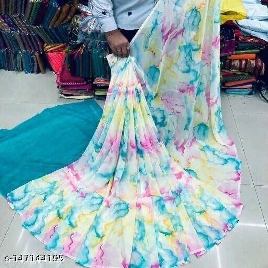 SAREEYA16 Georgette Printed Regular Saree With Unstitched Blouse Piece ( Blue ) SAREEYA16 Georgette Printed Regular Saree With Unstitched Blouse Piece ( Blue )