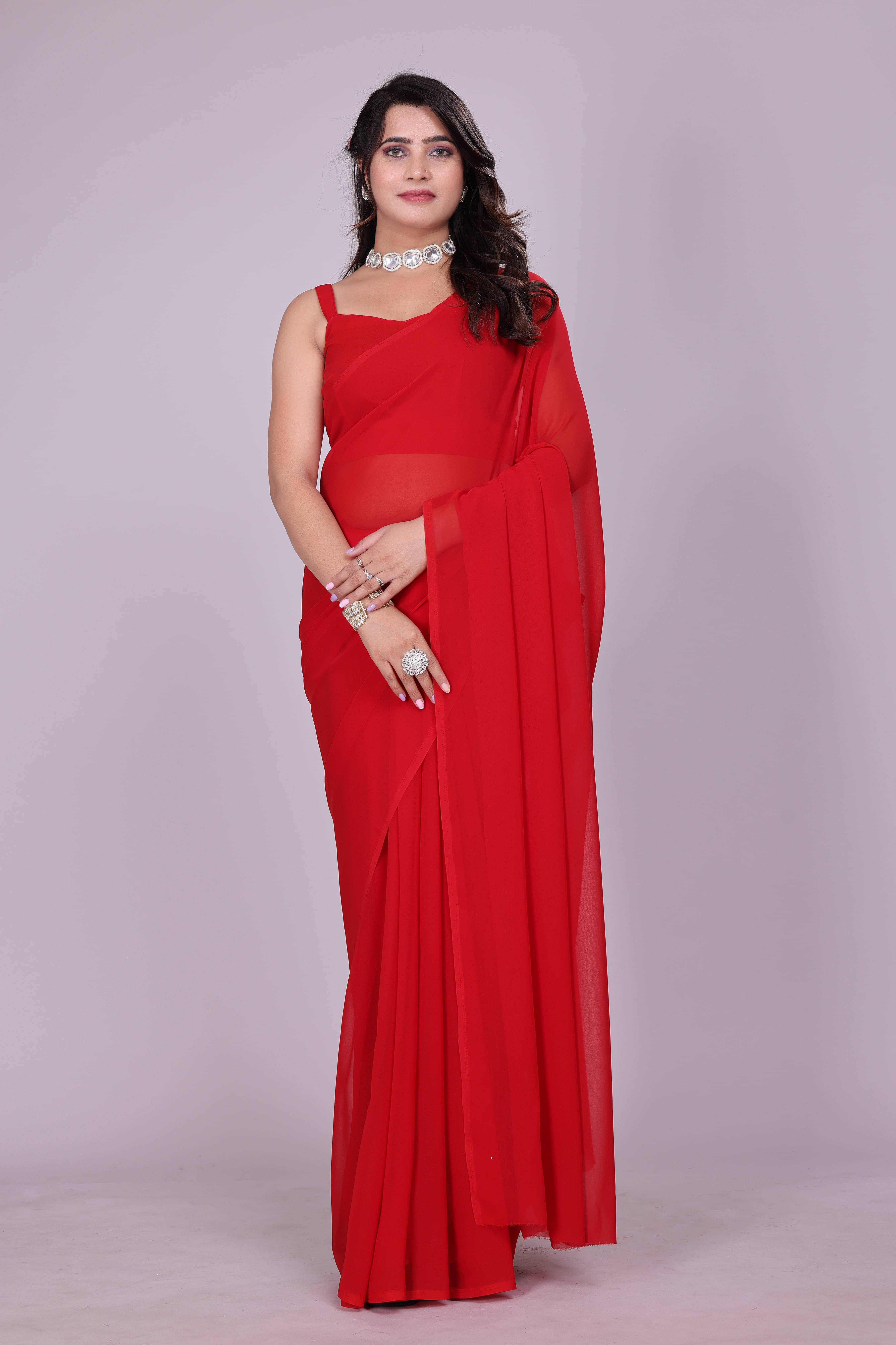 SAREEYA16 Georgette Solid Regular Saree With Unstitched Blouse Piece ( Red ) SAREEYA16 Georgette Solid Regular Saree With Unstitched Blouse Piece ( Red )