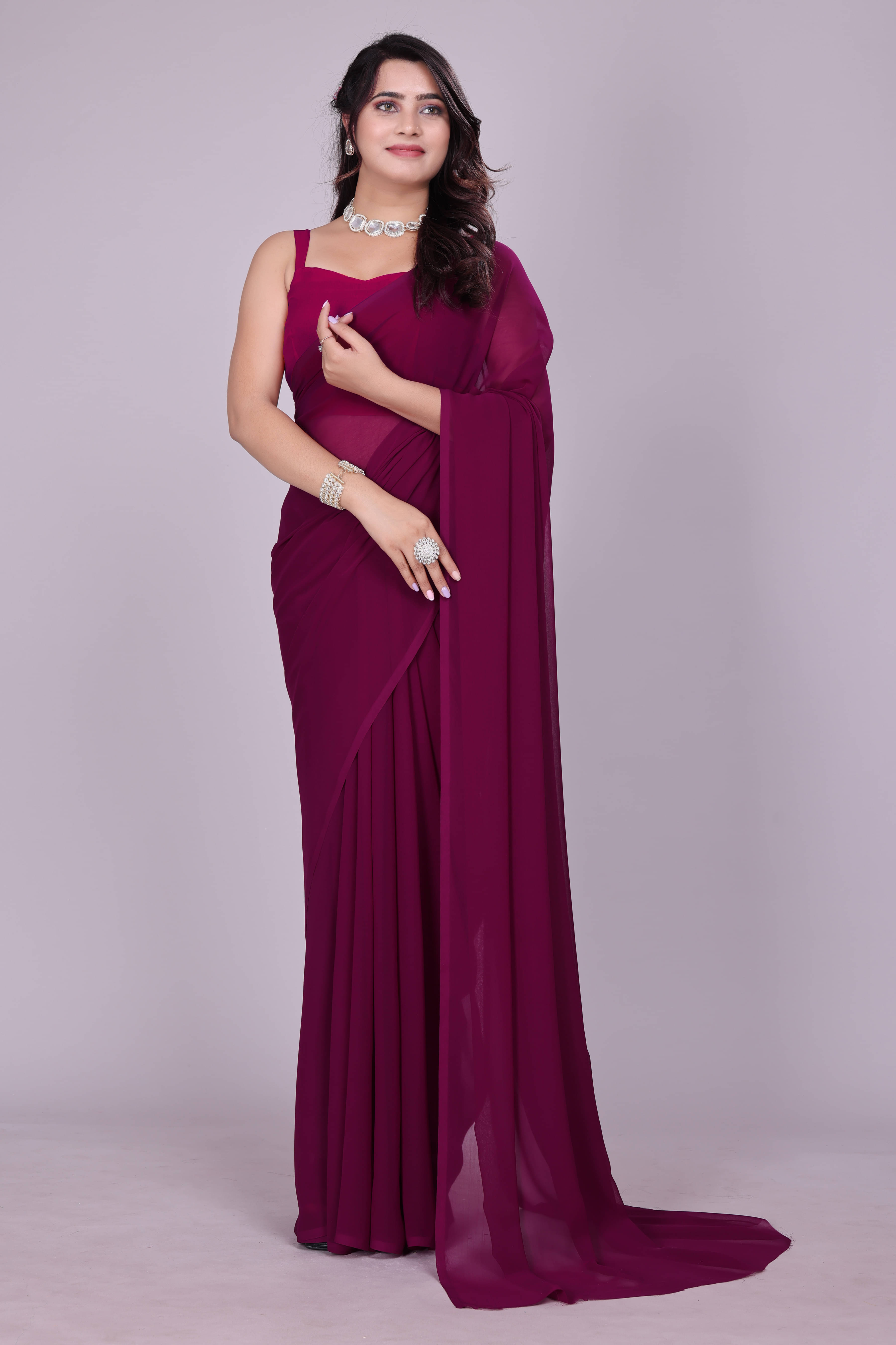     			SAREEYA16 Georgette Solid Regular Saree With Unstitched Blouse Piece ( Purple )