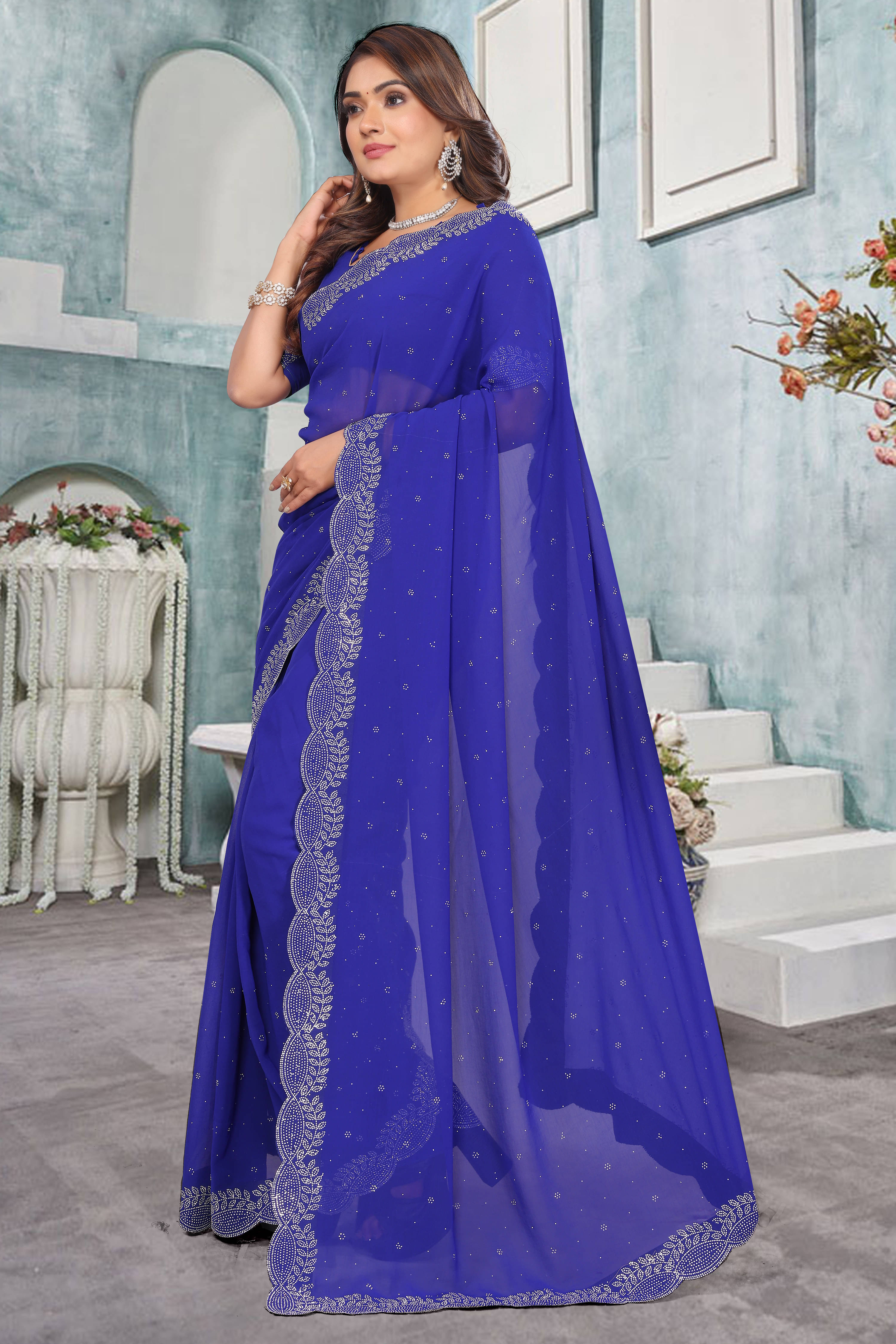     			SAREEYA16 Georgette Solid Regular Saree With Unstitched Blouse Piece ( Navy Blue )