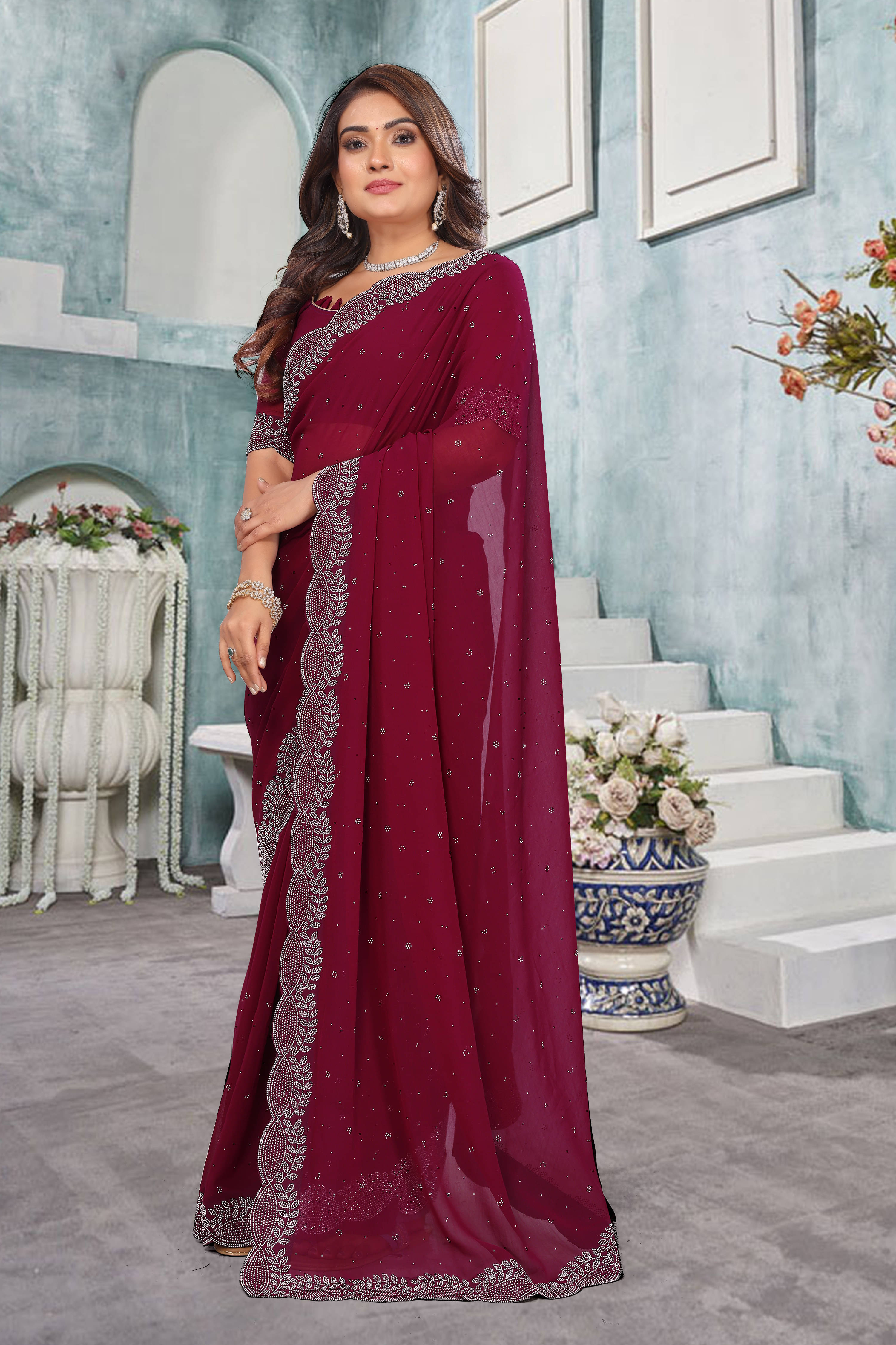     			SAREEYA16 Georgette Solid Regular Saree With Unstitched Blouse Piece ( Purple )