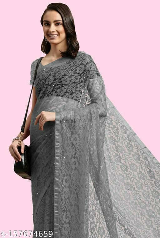     			SAREEYA16 Net Printed Regular Saree With Unstitched Blouse Piece ( Grey )
