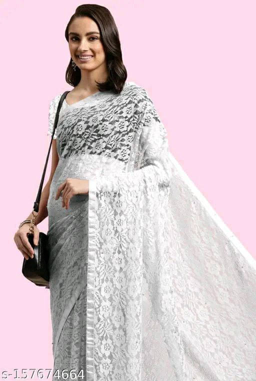     			SAREEYA16 Net Printed Regular Saree With Unstitched Blouse Piece ( White )