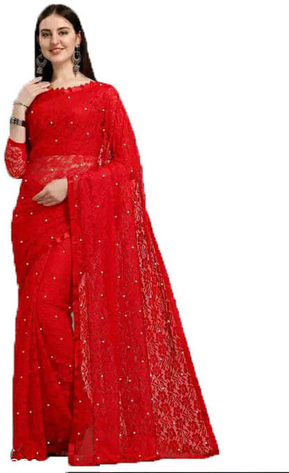     			SAREEYA16 Net Self Design Regular Saree With Unstitched Blouse Piece ( Red )