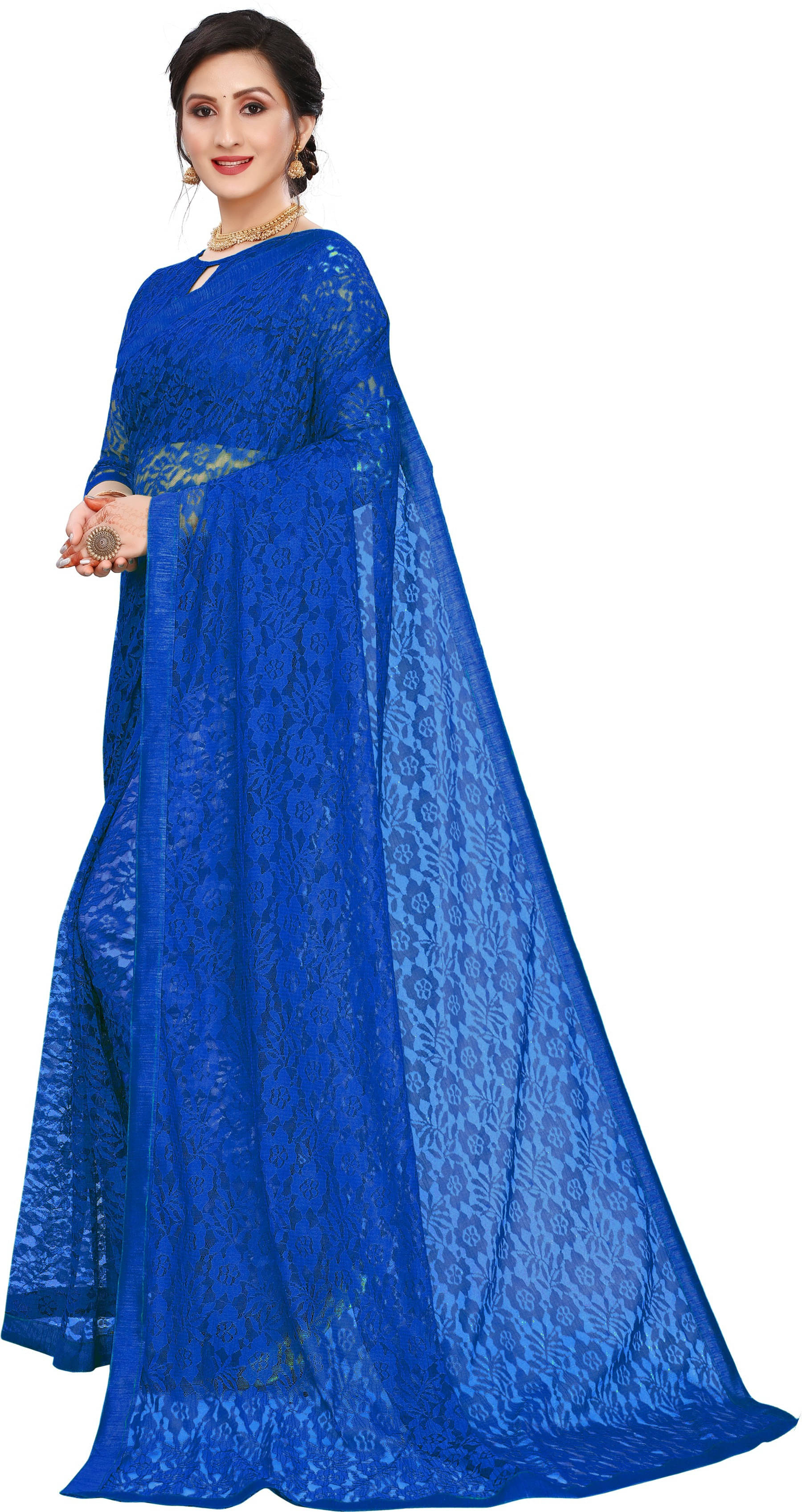     			SAREEYA16 Net Self Design Regular Saree With Unstitched Blouse Piece ( Blue )
