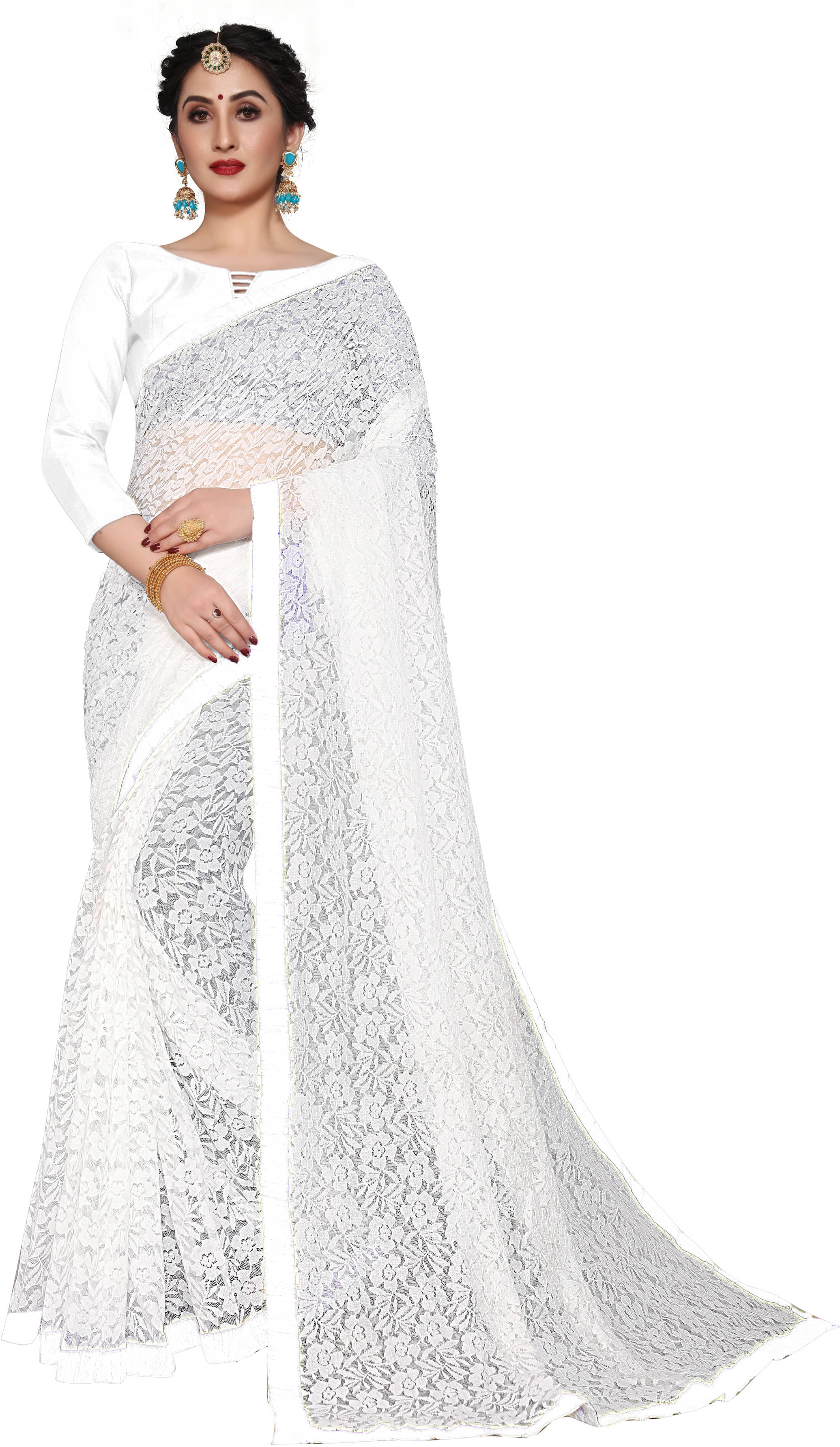     			SAREEYA16 Net Self Design Regular Saree With Unstitched Blouse Piece ( White )