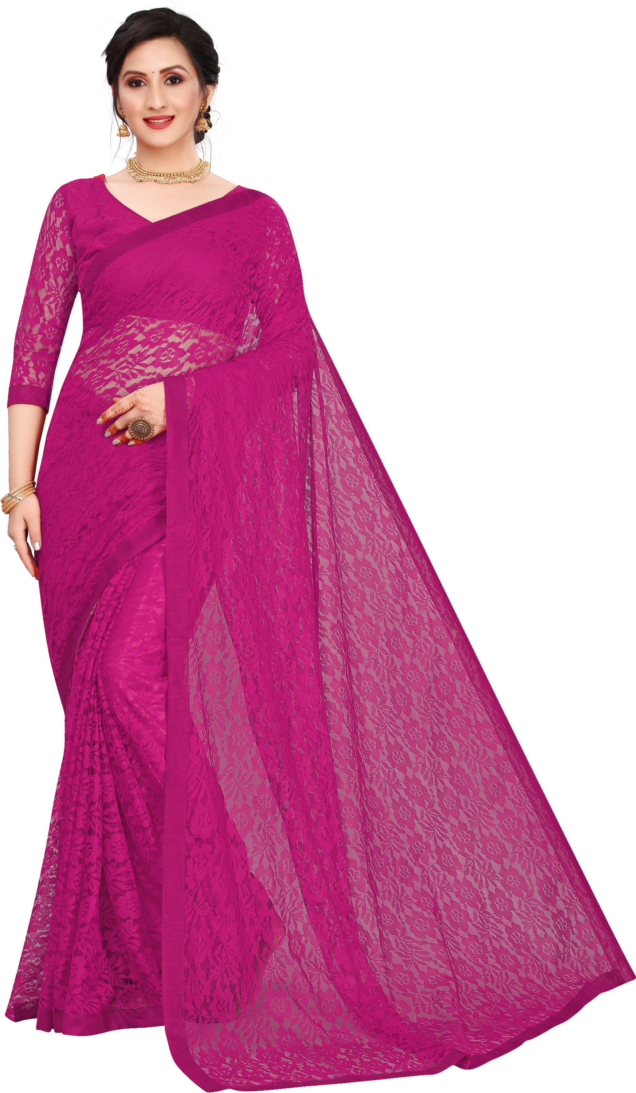     			SAREEYA16 Net Self Design Regular Saree With Unstitched Blouse Piece ( Pink )