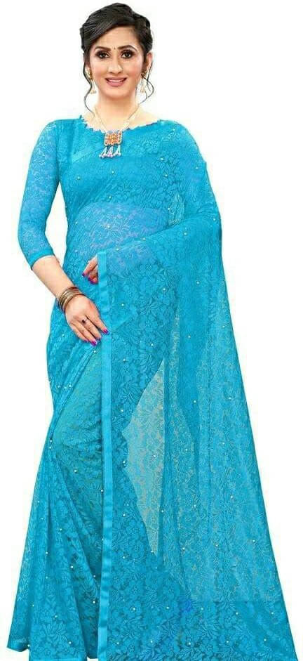     			SAREEYA16 Net Self Design Regular Saree With Unstitched Blouse Piece ( Blue )