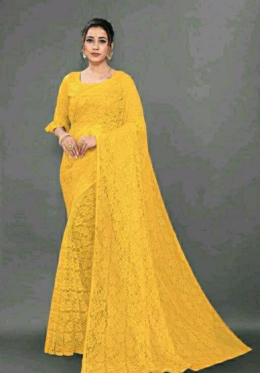     			SAREEYA16 Net Self Design Regular Saree With Unstitched Blouse Piece ( Yellow )