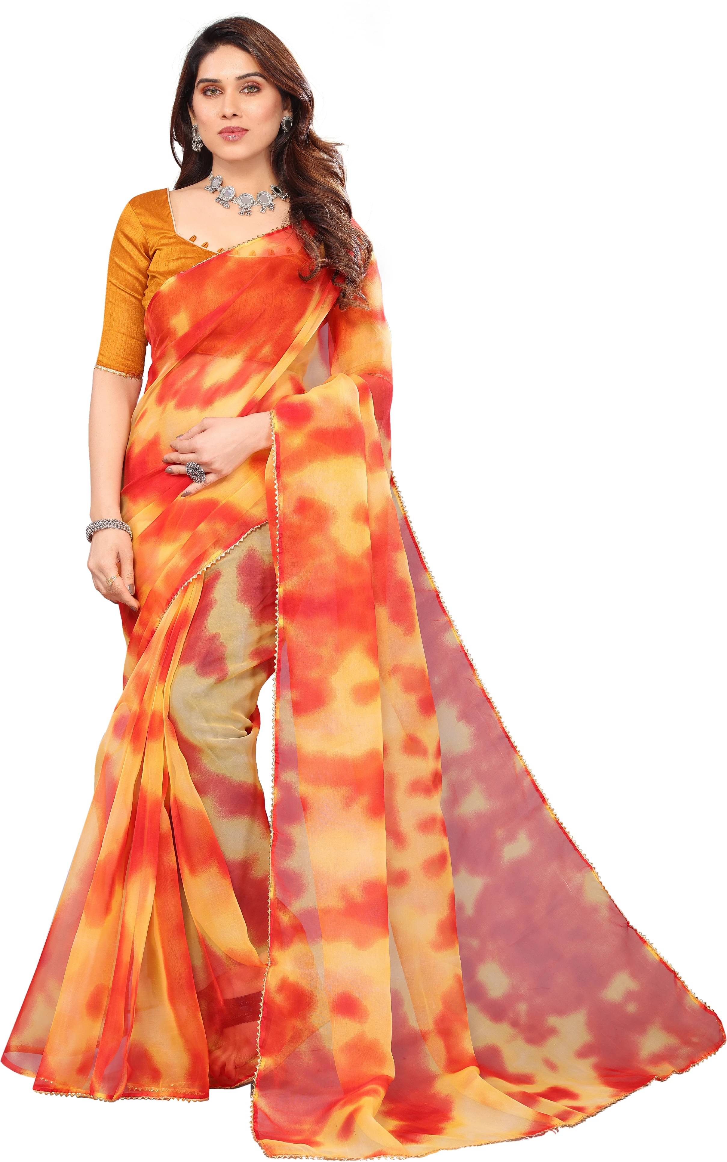 SAREEYA16 Organza Dyed Regular Saree With Unstitched Blouse Piece ( Red )     			SAREEYA16 Organza Dyed Regular Saree With Unstitched Blouse Piece ( Red )