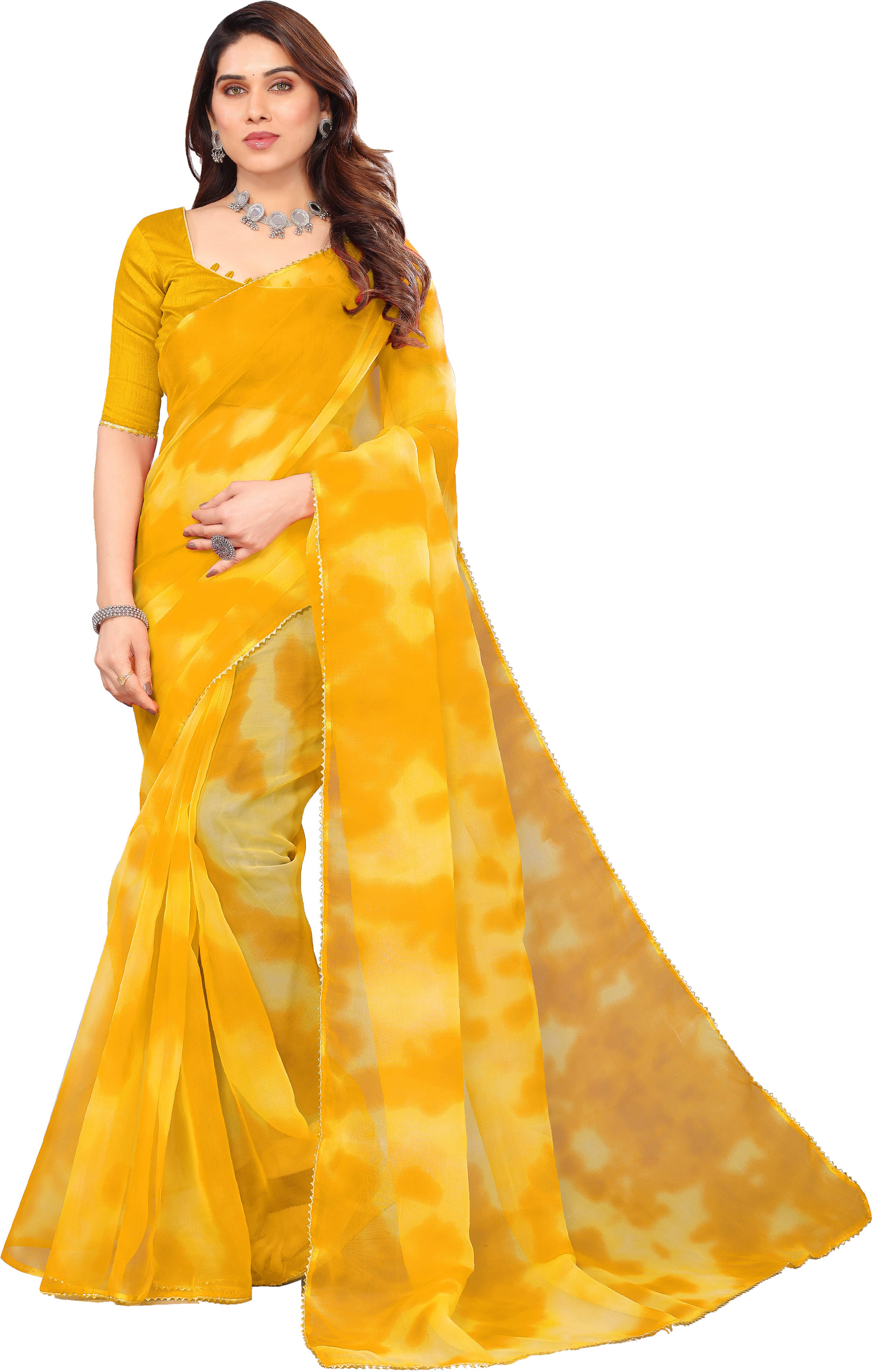     			SAREEYA16 Organza Printed Regular Saree With Unstitched Blouse Piece ( Yellow )