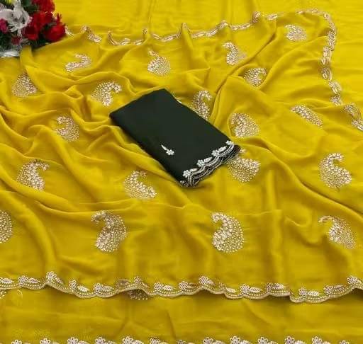 Sitanjali Georgette Embellished Regular Saree With Unstitched Blouse Piece ( Yellow ) Sitanjali Georgette Embellished Regular Saree With Unstitched Blouse Piece ( Yellow )