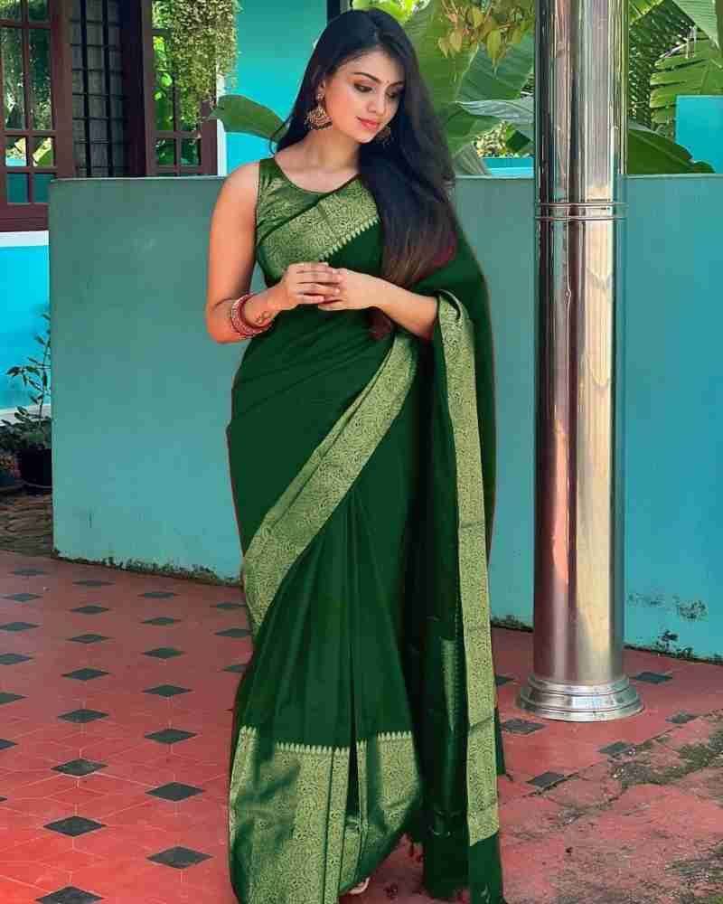     			THE PRIVATE LABLE Linen Printed Banarasi saree With Unstitched Blouse Piece ( Green )