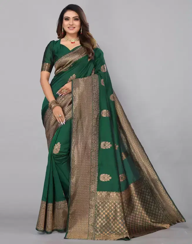     			THE PRIVATE LABLE Linen Printed Banarasi saree With Unstitched Blouse Piece ( Green )