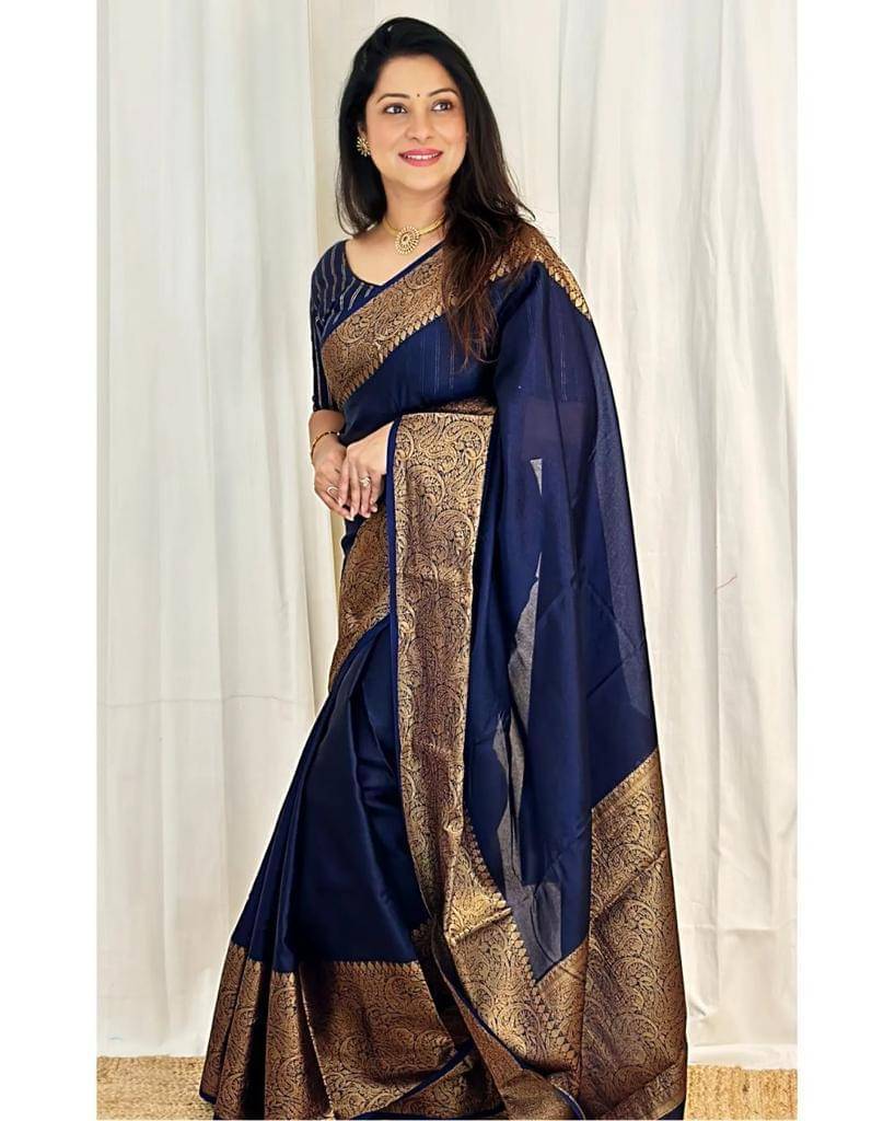     			THE PRIVATE LABLE Linen Printed Banarasi saree With Unstitched Blouse Piece ( Blue )