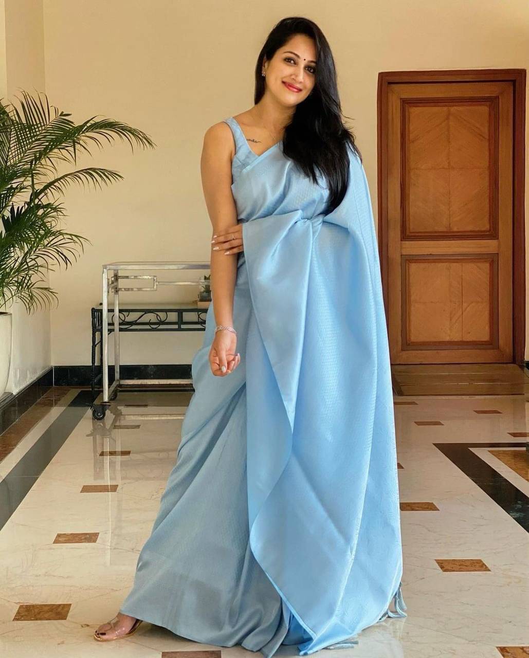     			THE PRIVATE LABLE Linen Printed Banarasi saree With Unstitched Blouse Piece ( Light Blue )
