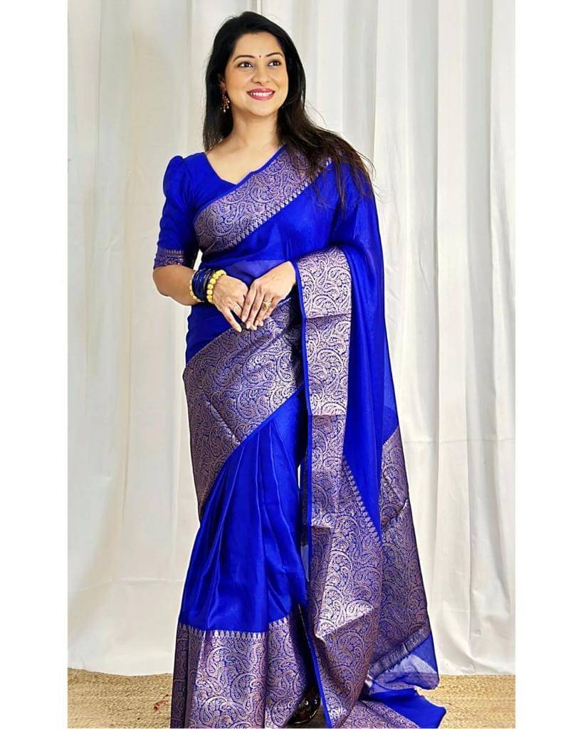     			THE PRIVATE LABLE Linen Printed Banarasi saree With Unstitched Blouse Piece ( Blue )