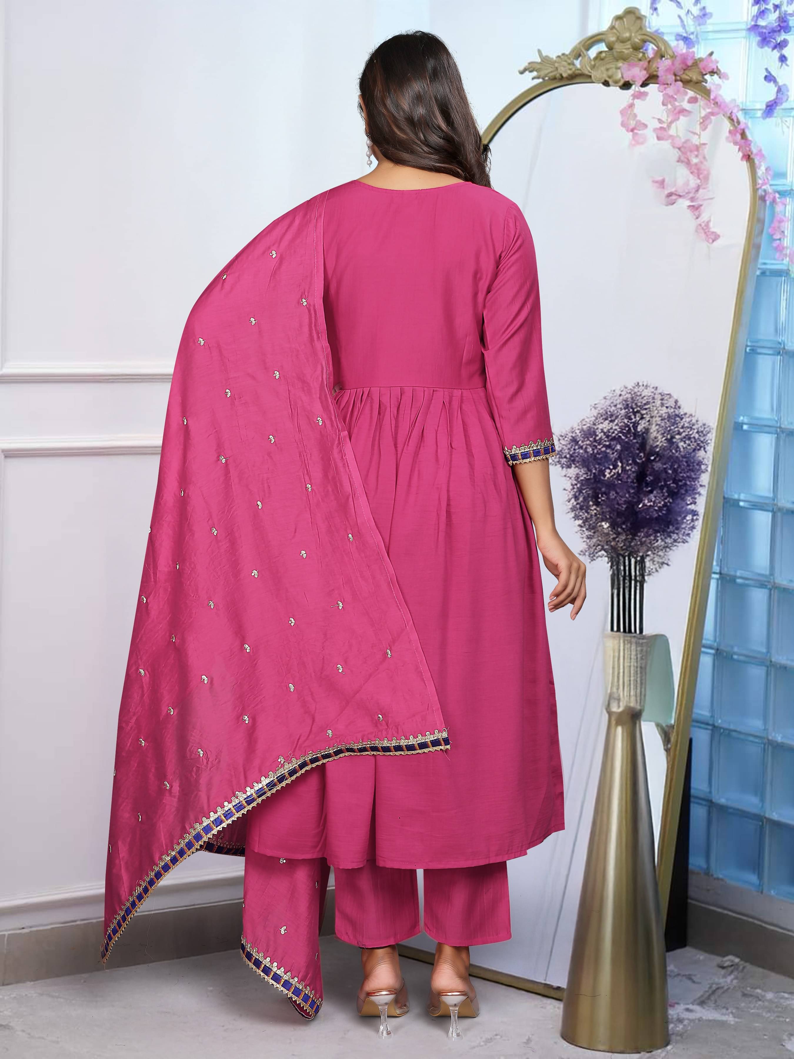     			THE PRIVATE LABLE Women Chiffon Printed Straight Kurti With Salwar ( Magenta )