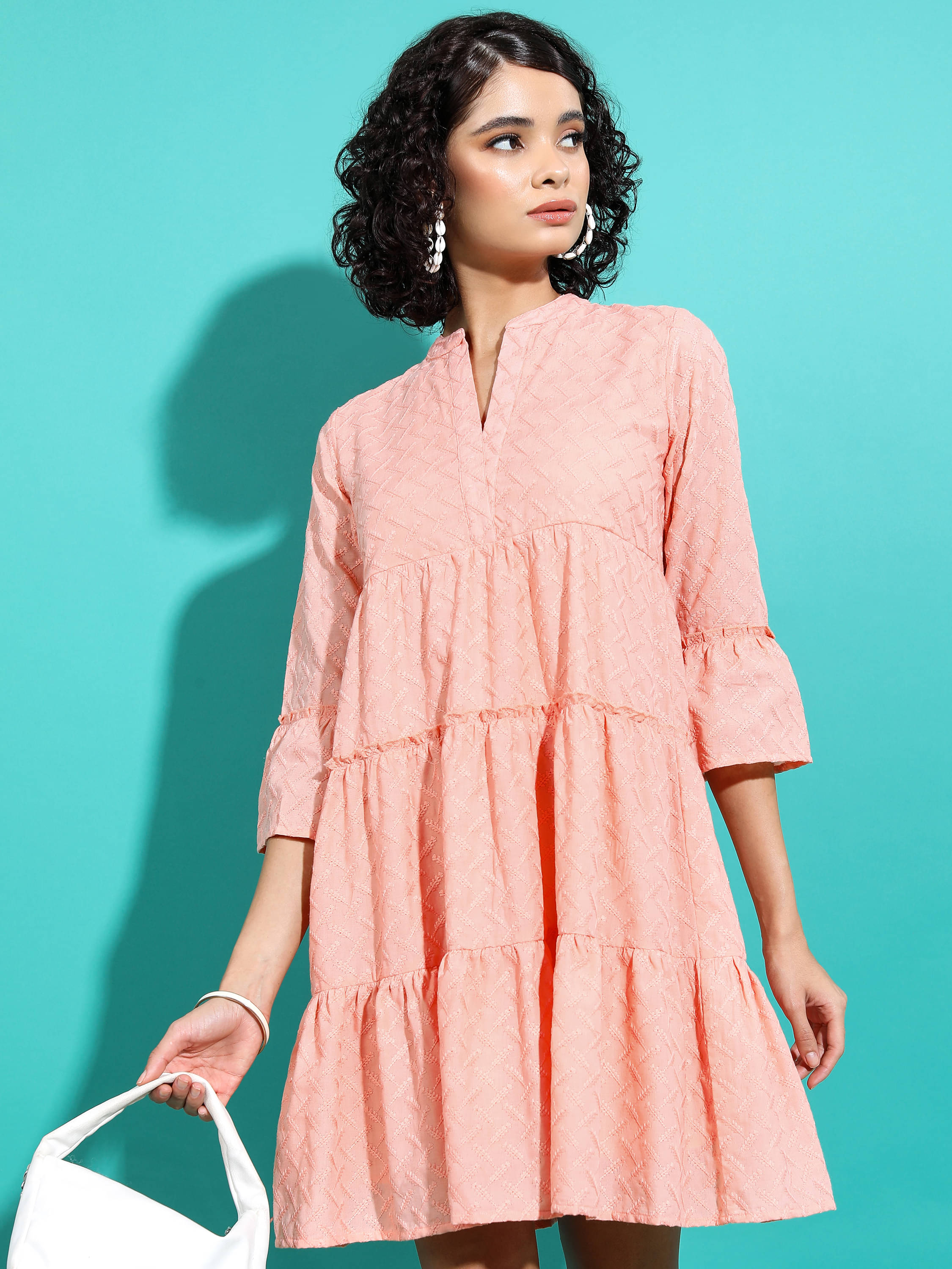 Vishudh Women Polyester Blend Self Design A-line Dress ( Peach )     			Vishudh Women Polyester Blend Self Design A-line Dress ( Peach )