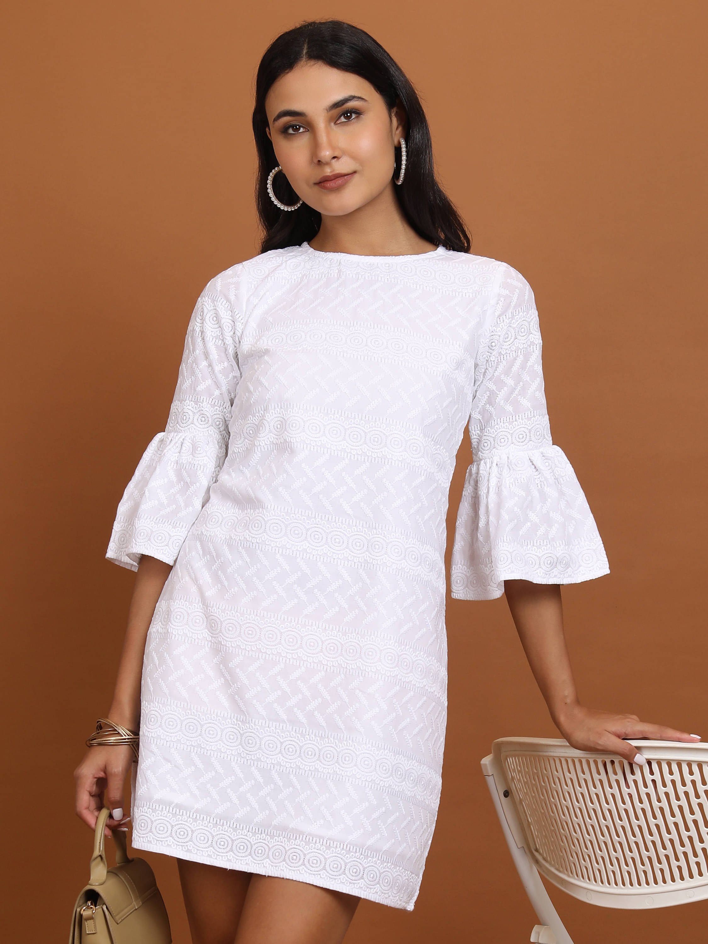 Vishudh Women Polyester Blend Self Design A-line Dress ( White )     			Vishudh Women Polyester Blend Self Design A-line Dress ( White )