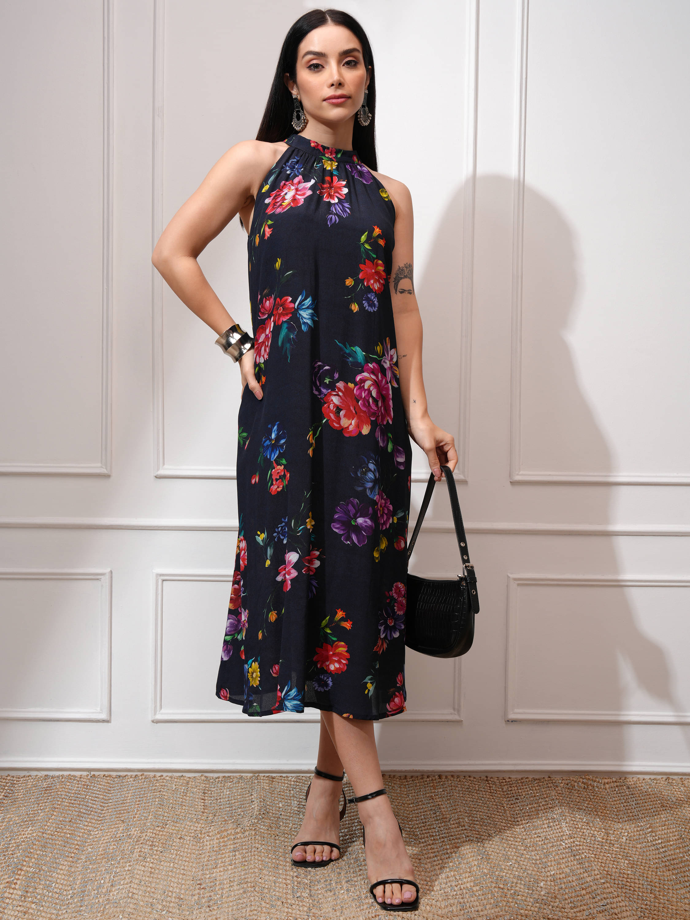     			Vishudh Women Polyester Printed A-line Dress ( Navy Blue )
