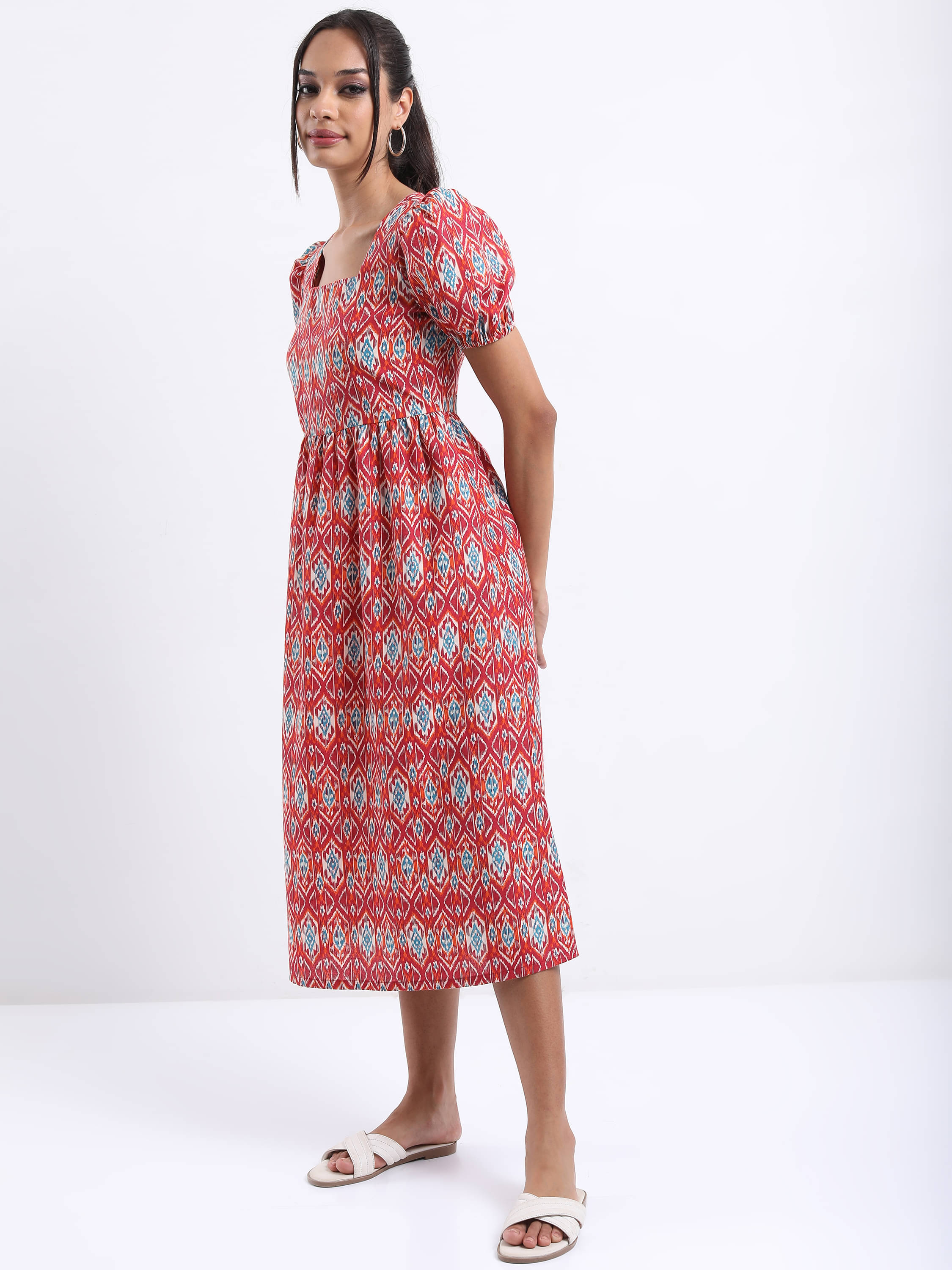     			Vishudh Women Polyester Printed A-line Dress ( Rust )