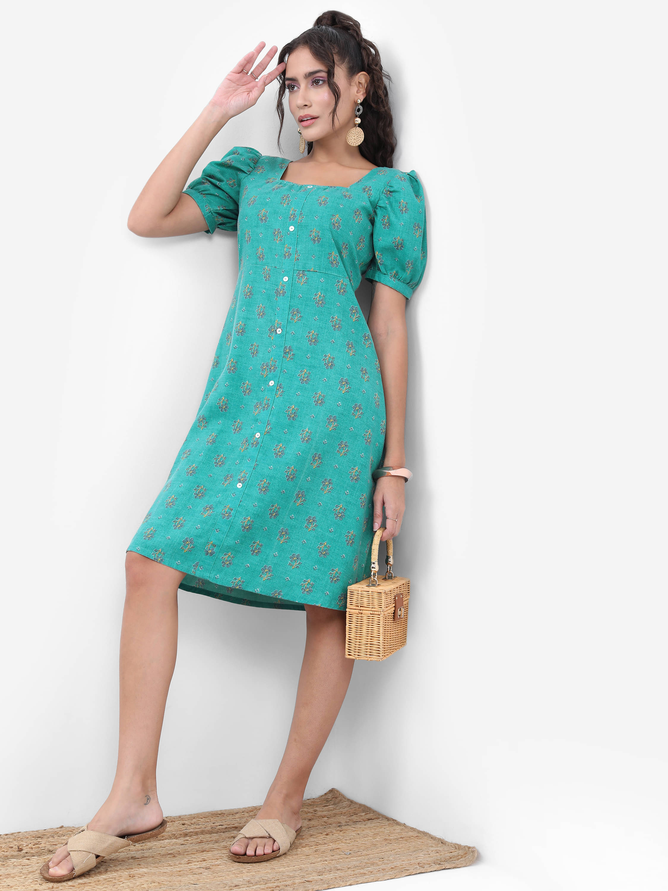 Vishudh Women Polyester Printed A-line Dress ( Green ) Vishudh Women Polyester Printed A-line Dress ( Green )