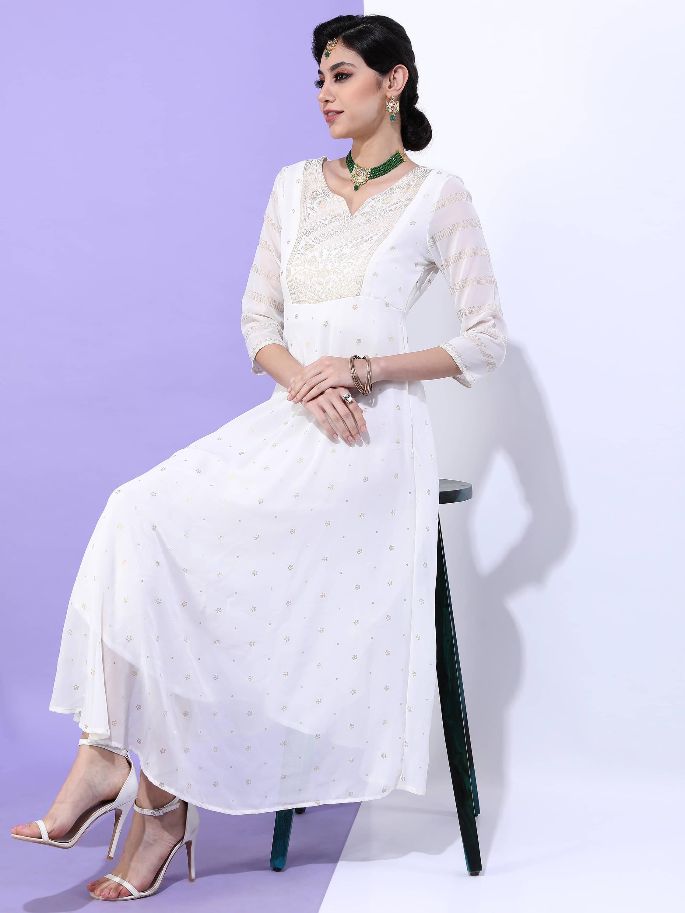     			Vishudh Women Polyester Embroidered A-line Dress ( White )