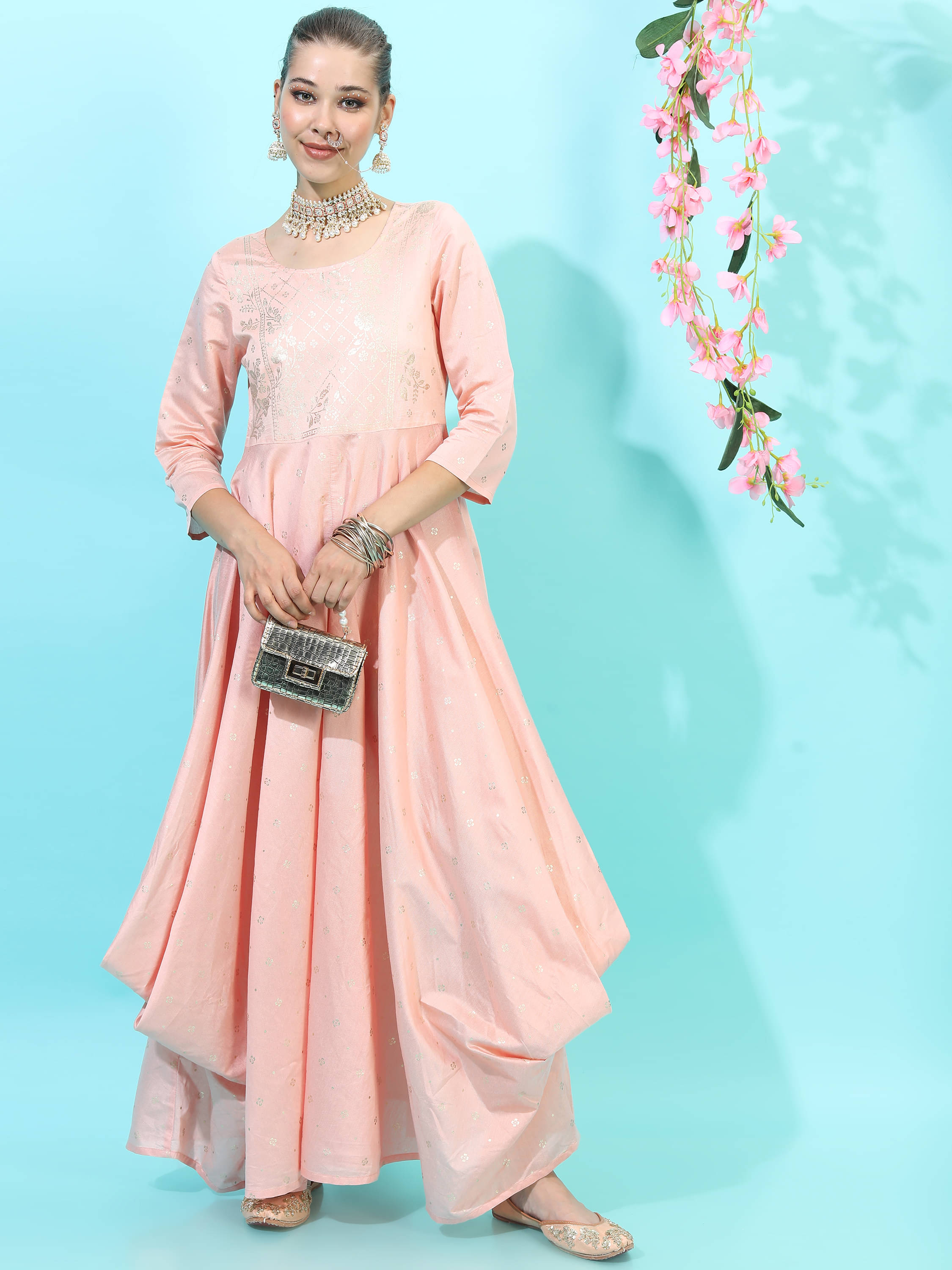     			Vishudh Women Viscose Printed A-line Dress ( Peach )