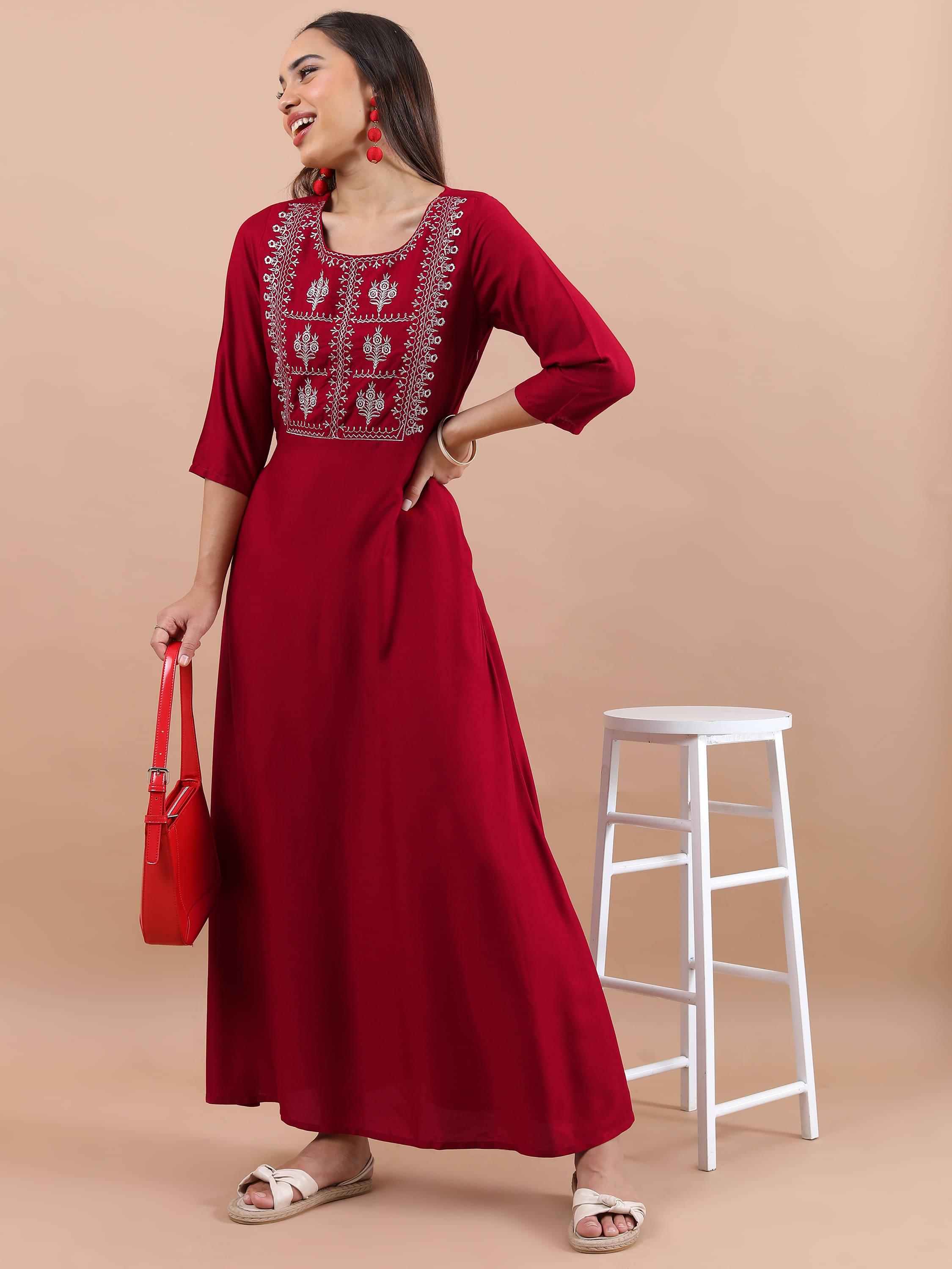     			Vishudh Women Viscose Embroidered Maxi ( Red )