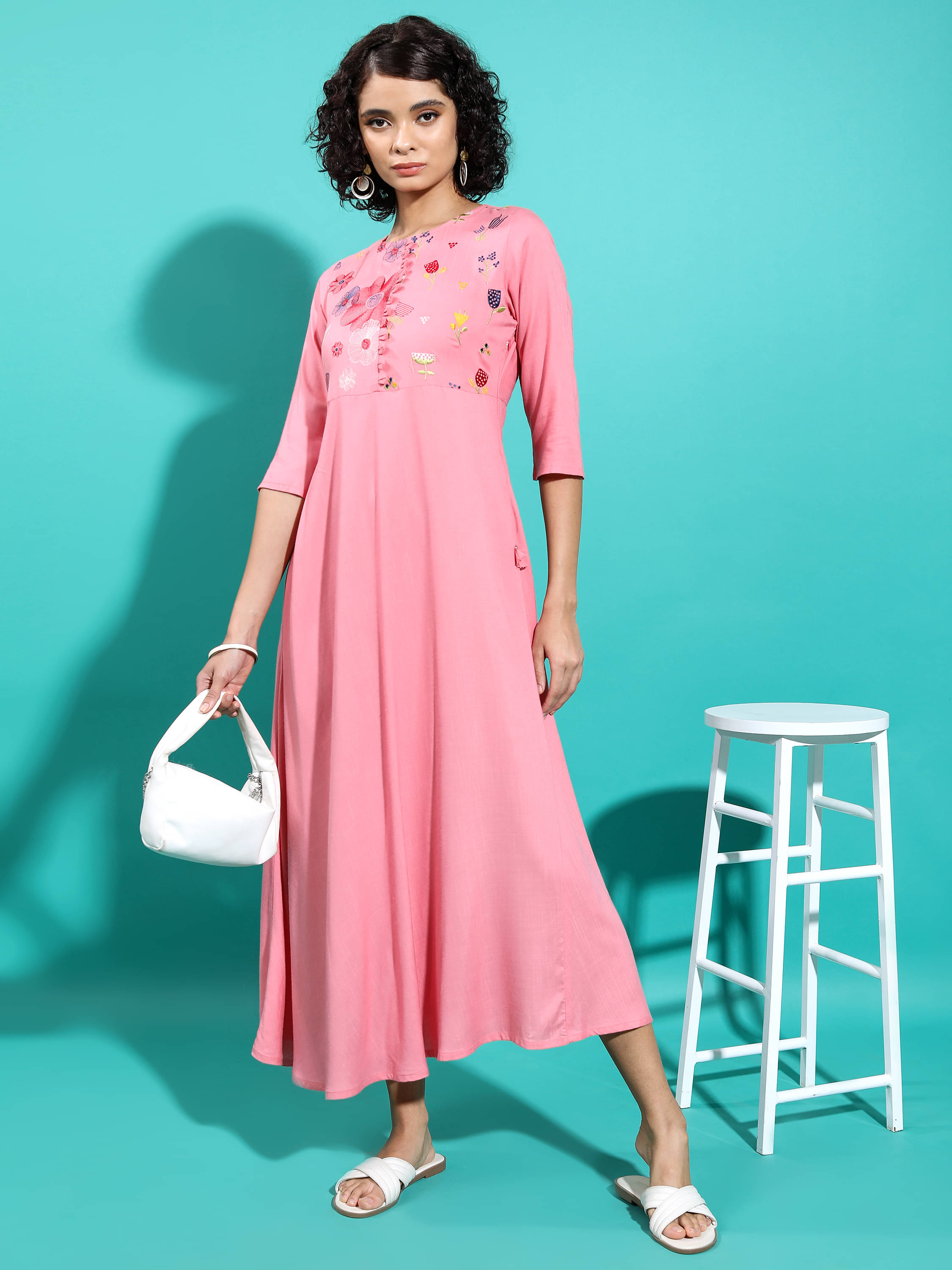 Vishudh Women Viscose Embroidered A-line Dress ( Pink ) Vishudh Women Viscose Embroidered A-line Dress ( Pink )
