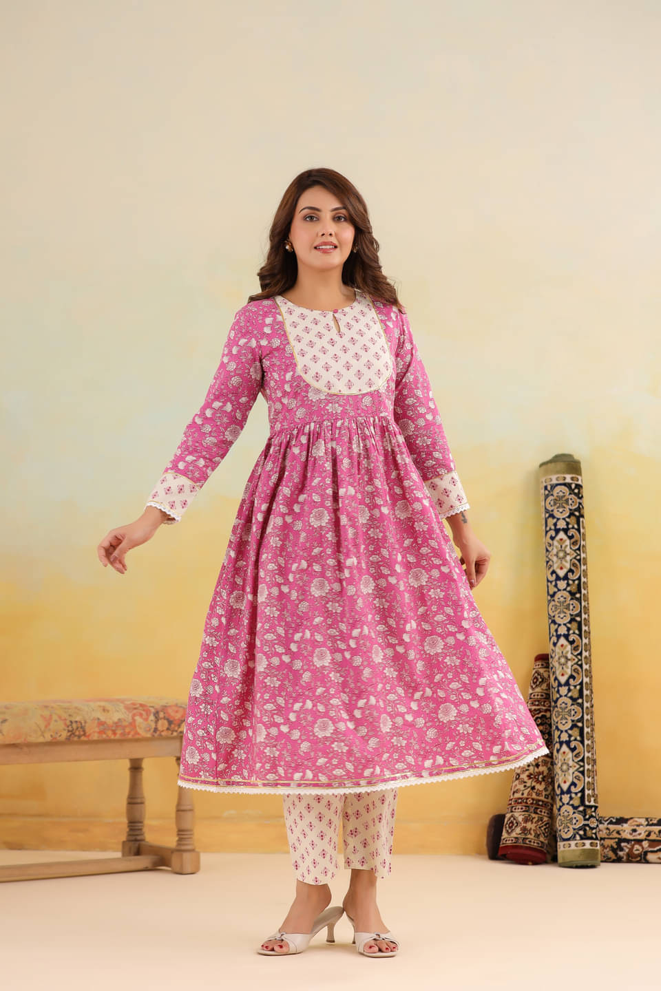     			Vyom Tara Women Cotton Printed A-line Kurti With Pants ( Pink )