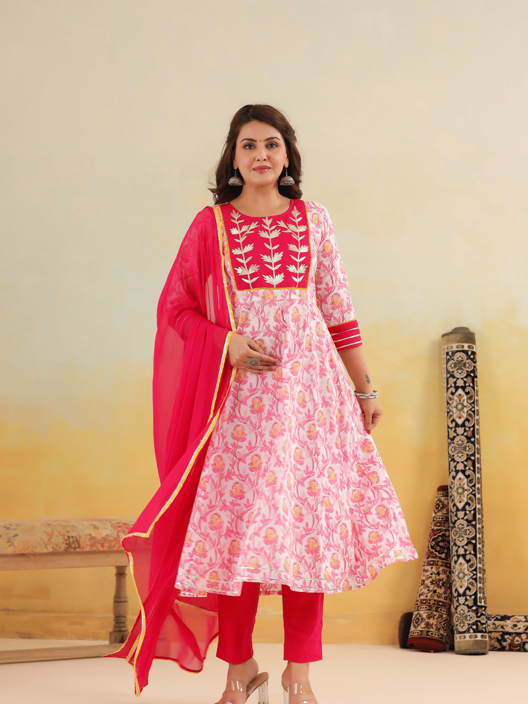     			Vyom Tara Women Cotton Printed A-line Kurti With Pants ( Pink )