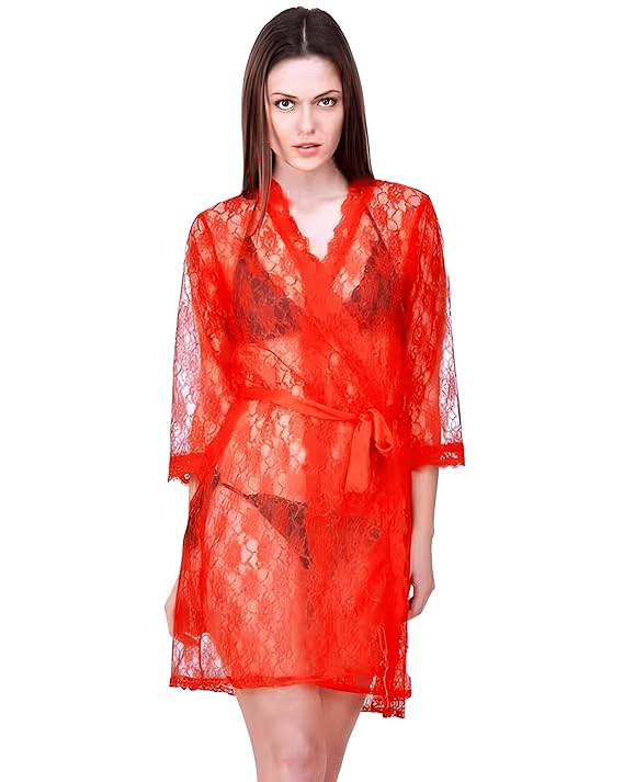     			Women's Alluring Lace Robe with Deep V Neck | Sheer See-Through Bathrobe with Belt | Elegant Lingerie Sleepwear for Bedroom, Honeymoon & Nightwear