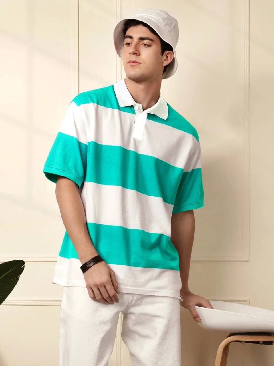     			eddicted Men Cotton Blend Oversized Fit Colorblock Polo T Shirt ( Blue )