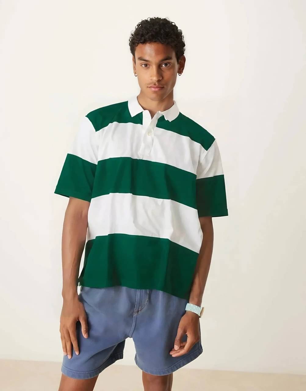     			eddicted Men Cotton Blend Oversized Fit Striped Polo T Shirt ( Green )