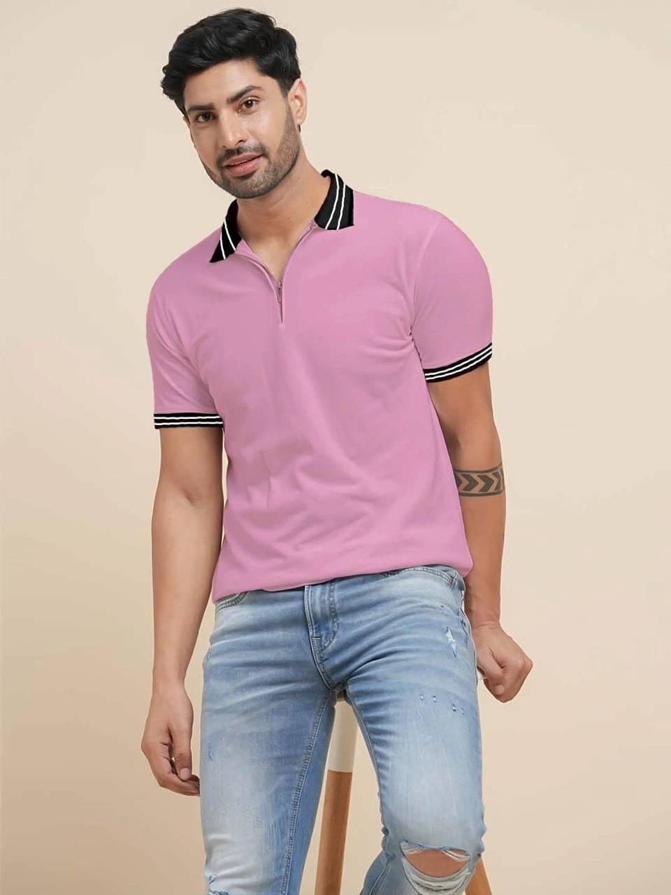     			eddicted Men Cotton Blend Regular Fit Solid Polo T Shirt ( Pink )