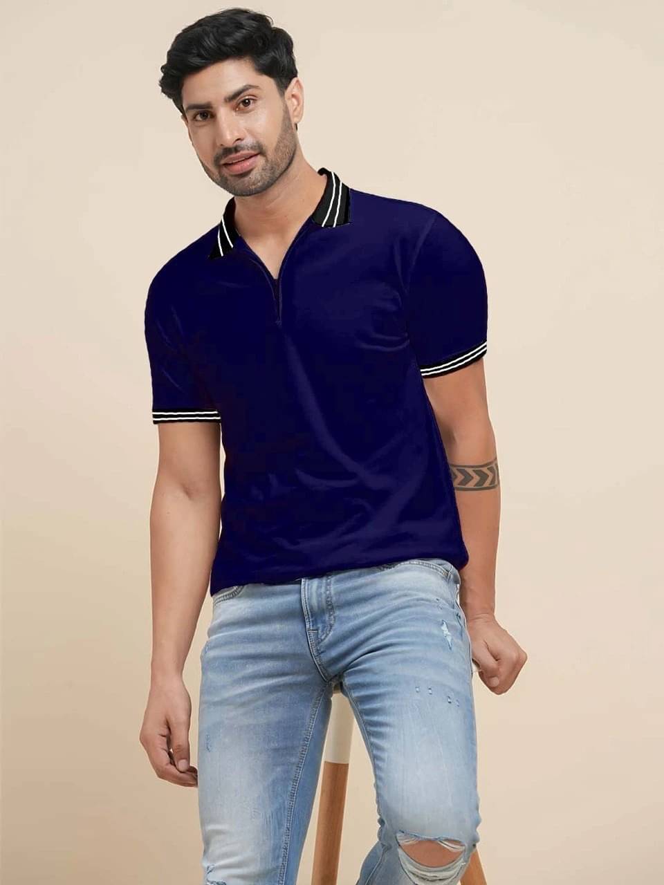 eddicted Men Cotton Blend Regular Fit Solid Polo T Shirt ( Blue ) eddicted Men Cotton Blend Regular Fit Solid Polo T Shirt ( Blue )