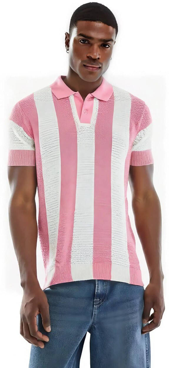     			eddicted Men Cotton Blend Regular Fit Striped Polo T Shirt ( Pink )