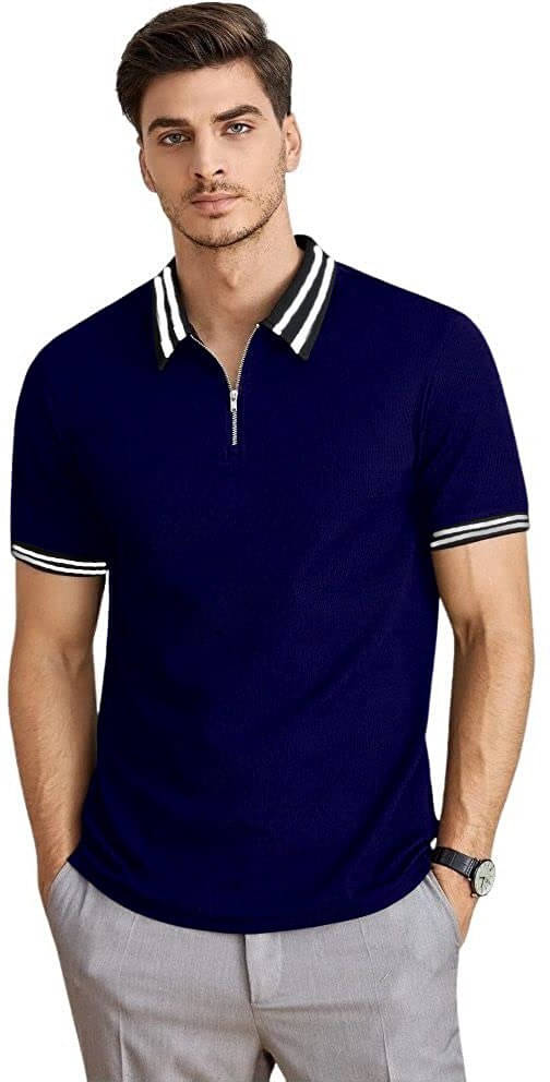     			eddicted Men Cotton Blend Regular Fit Solid Polo T Shirt ( Navy Blue )
