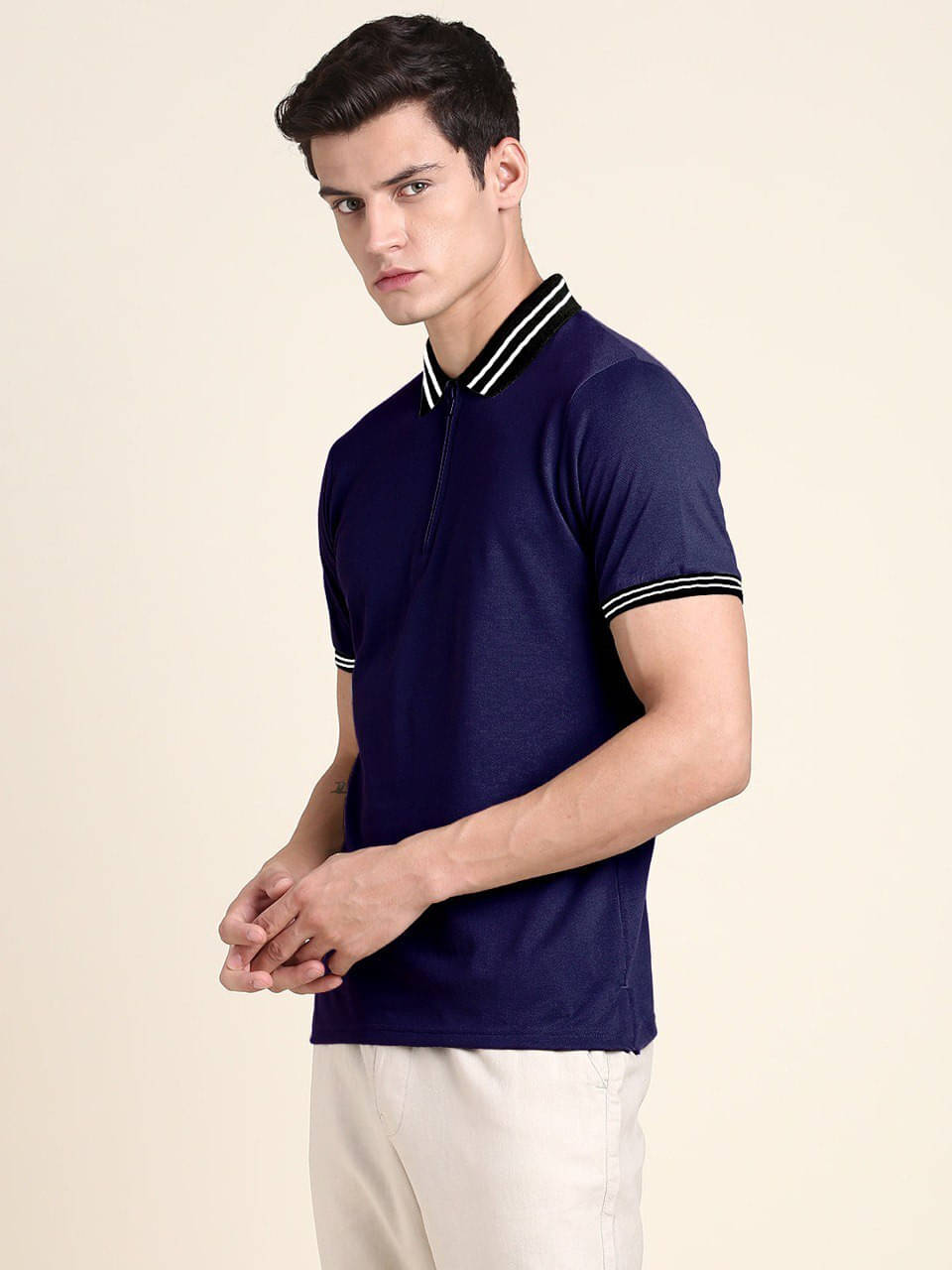 eddicted Men Cotton Blend Regular Fit Solid Polo T Shirt ( Navy Blue ) eddicted Men Cotton Blend Regular Fit Solid Polo T Shirt ( Navy Blue )