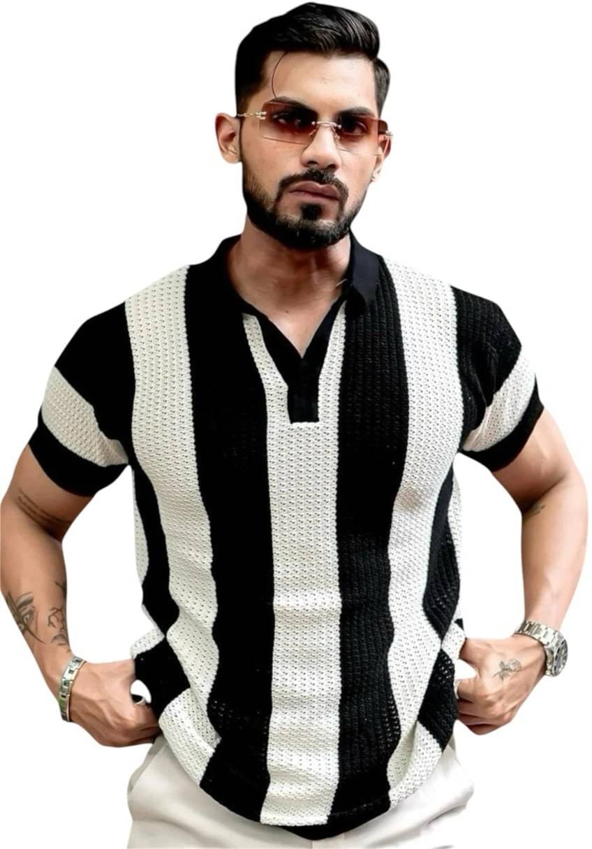     			eddicted Men Cotton Blend Relaxed Fit Striped Polo T Shirt ( Black )