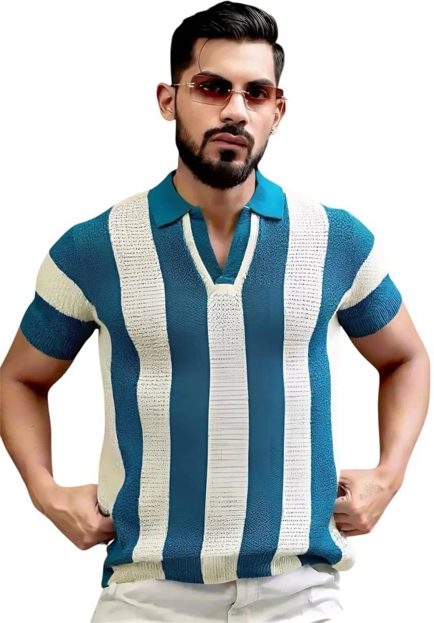    			eddicted Men Cotton Blend Relaxed Fit Striped Polo T Shirt ( Blue )