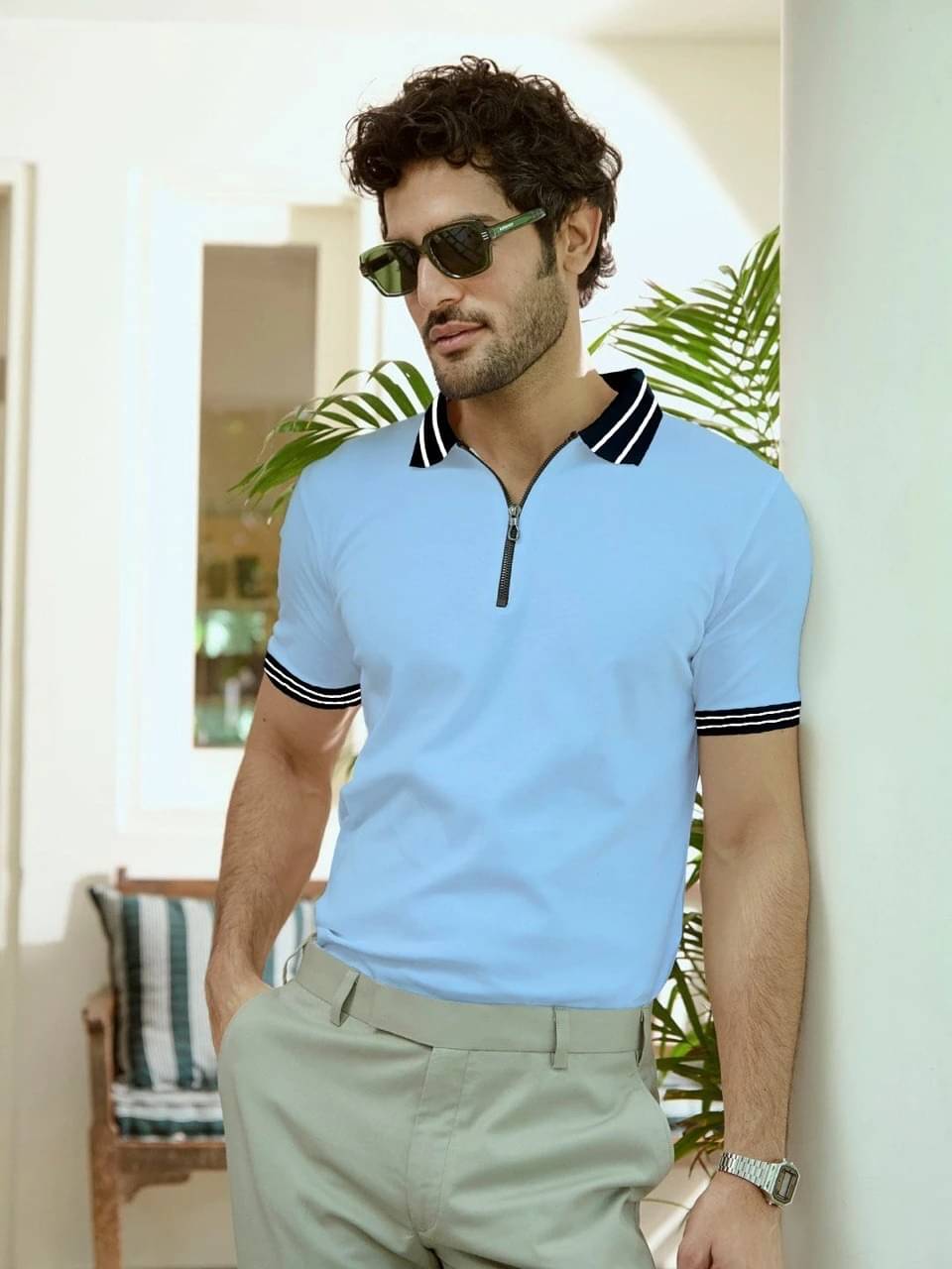     			eddicted Men Cotton Blend Slim Fit Solid Polo T Shirt ( Blue )