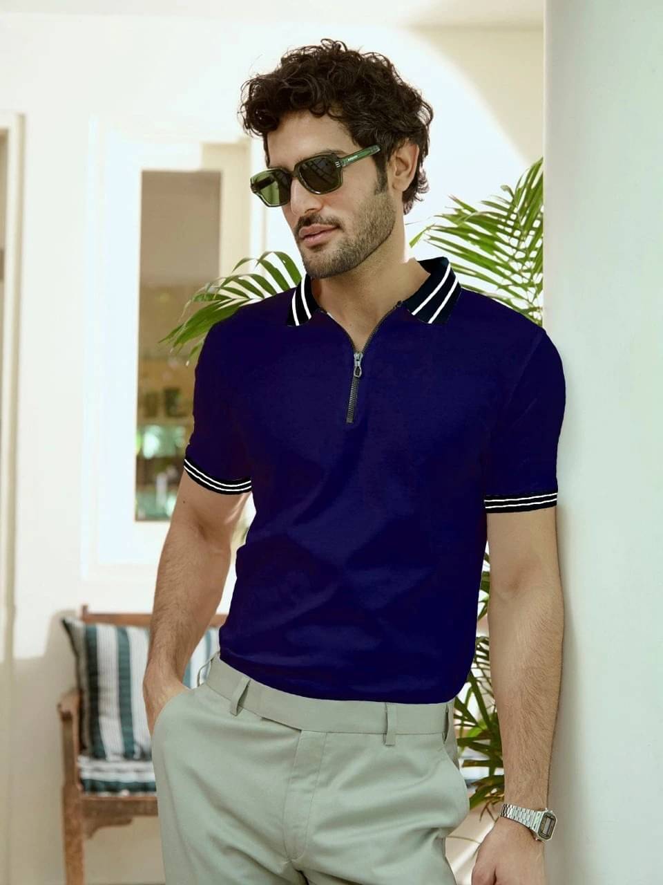     			eddicted Men Cotton Blend Slim Fit Solid Polo T Shirt ( Navy Blue )