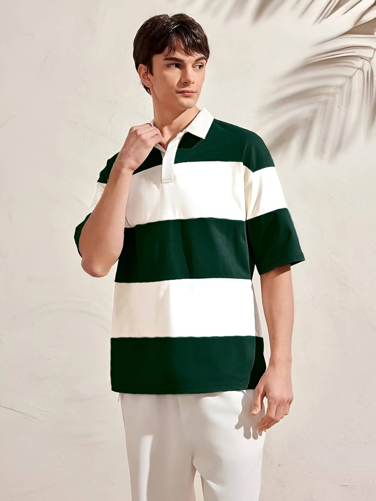 eddicted Men Cotton Relaxed Fit Striped Polo T Shirt ( Green )     			eddicted Men Cotton Relaxed Fit Striped Polo T Shirt ( Green )