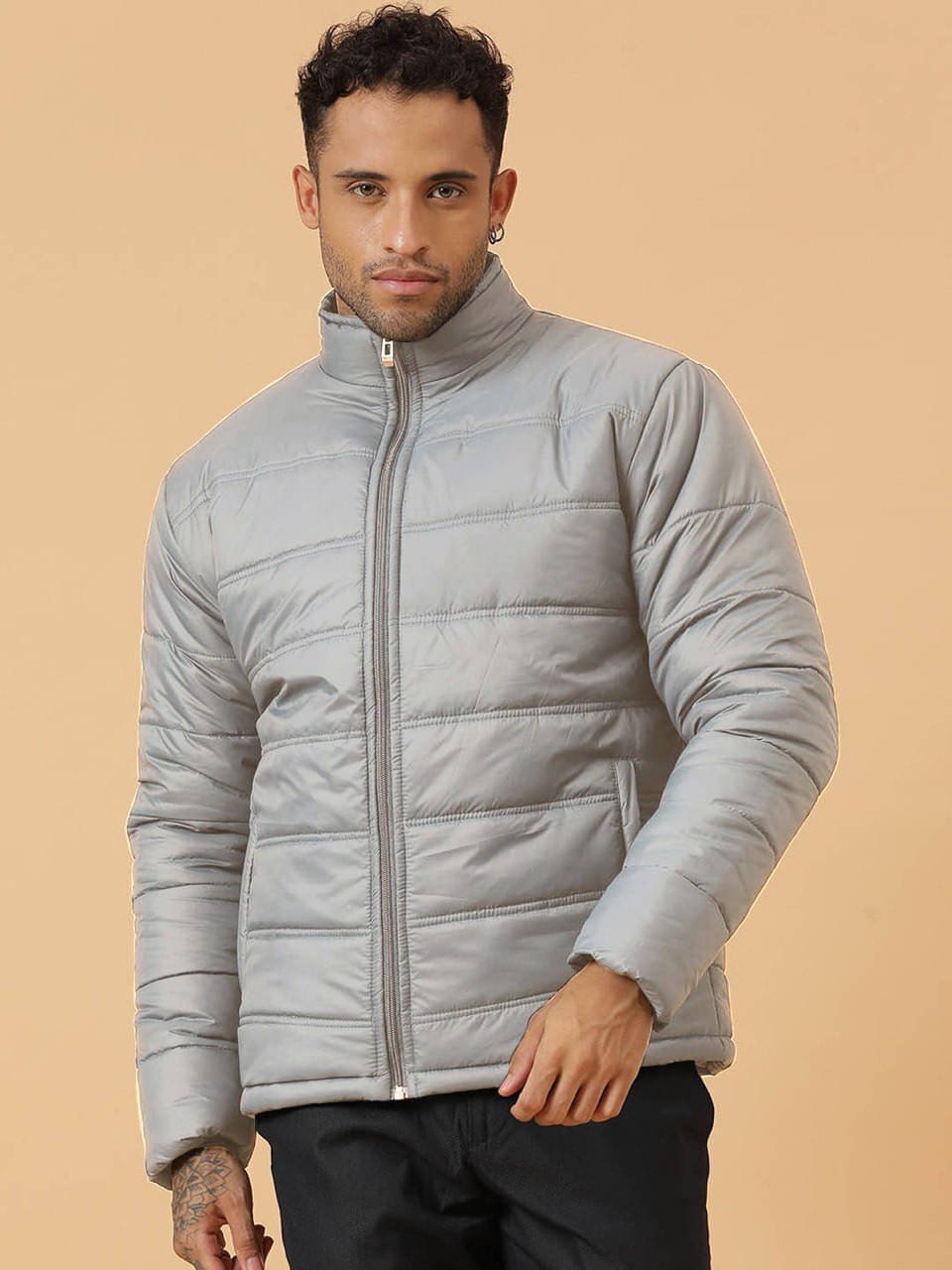     			eddicted Polyester Men's Quilted & Bomber Jacket - Grey ( Pack of 1 )